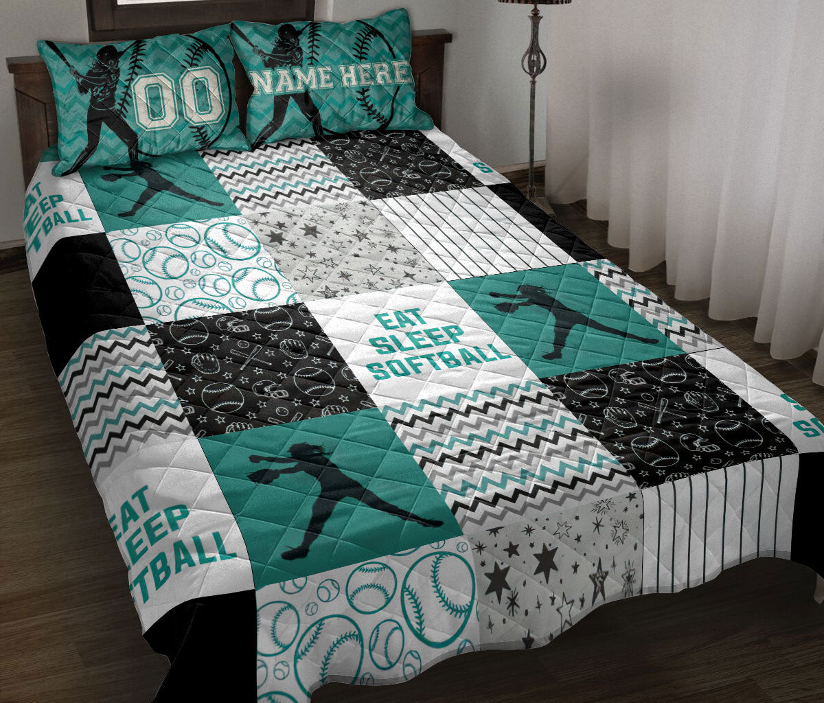 Ohaprints-Quilt-Bed-Set-Pillowcase-Eat-Sleep-Softball-Girl-Player-Fan-Patchwork-Custom-Personalized-Name-Number-Blanket-Bedspread-Bedding-3094-Throw (55'' x 60'')