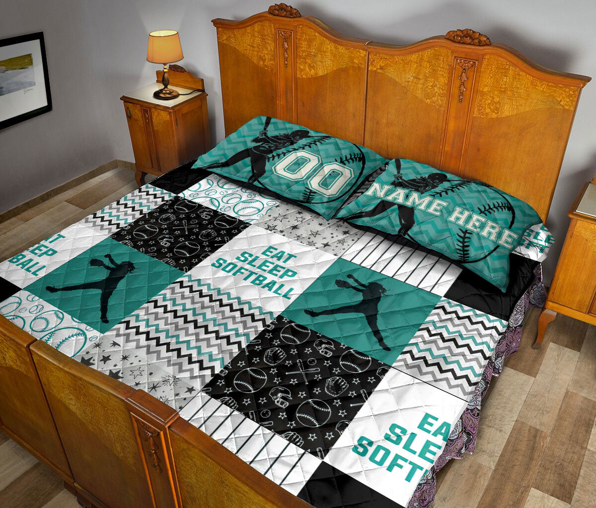 Ohaprints-Quilt-Bed-Set-Pillowcase-Eat-Sleep-Softball-Girl-Player-Fan-Patchwork-Custom-Personalized-Name-Number-Blanket-Bedspread-Bedding-3094-King (90'' x 100'')