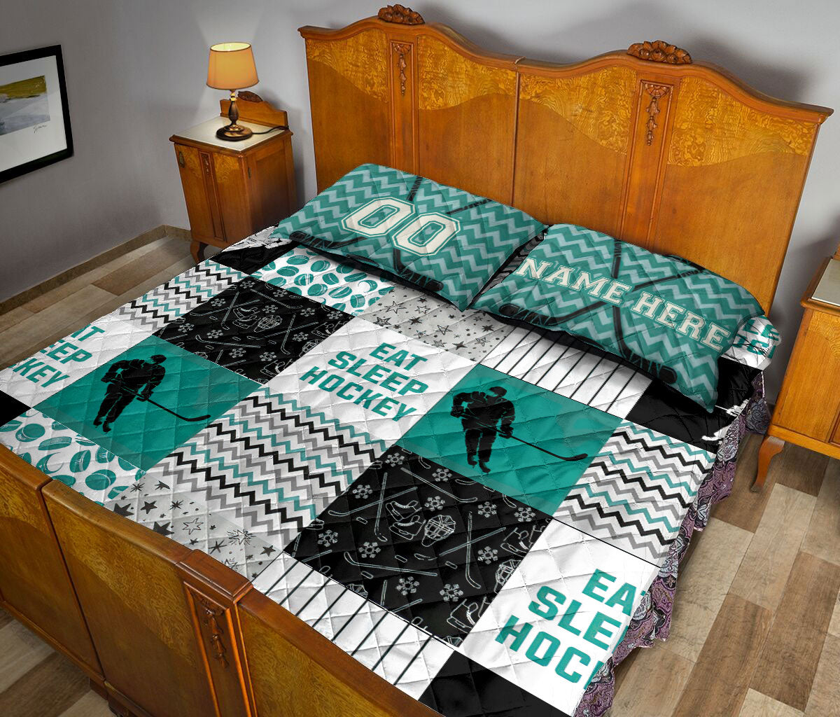 Ohaprints-Quilt-Bed-Set-Pillowcase-Eat-Sleep-Hockey-Boy-Player-Fan-Idea-Patchwork-Custom-Personalized-Name-Number-Blanket-Bedspread-Bedding-3237-King (90'' x 100'')