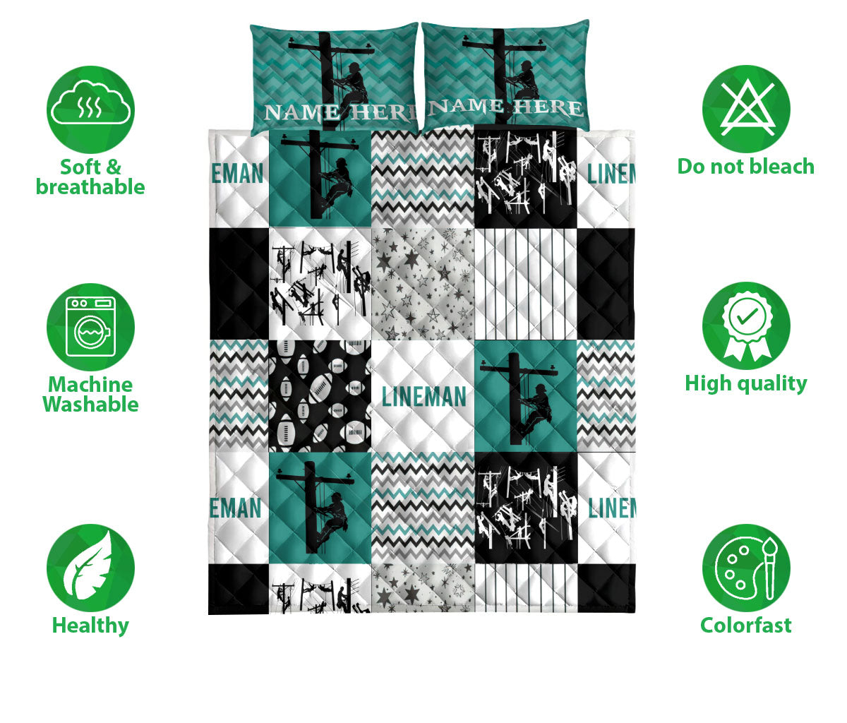 Ohaprints-Quilt-Bed-Set-Pillowcase-Lineman-Decor-Idea-Turquoise-Patchwork-Custom-Personalized-Name-Blanket-Bedspread-Bedding-3739-Double (70'' x 80'')