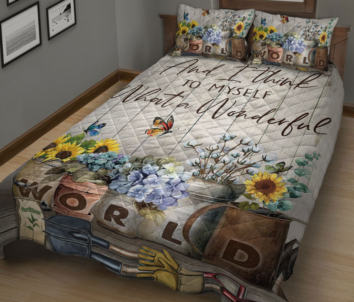 Ohaprints-Quilt-Bed-Set-Pillowcase-Flower-Plant-Butterfly-Gardening-Gardener-Spring-Wood-Pattern-Wonderful-World-Blanket-Bedspread-Bedding-1785-King (90'' x 100'')