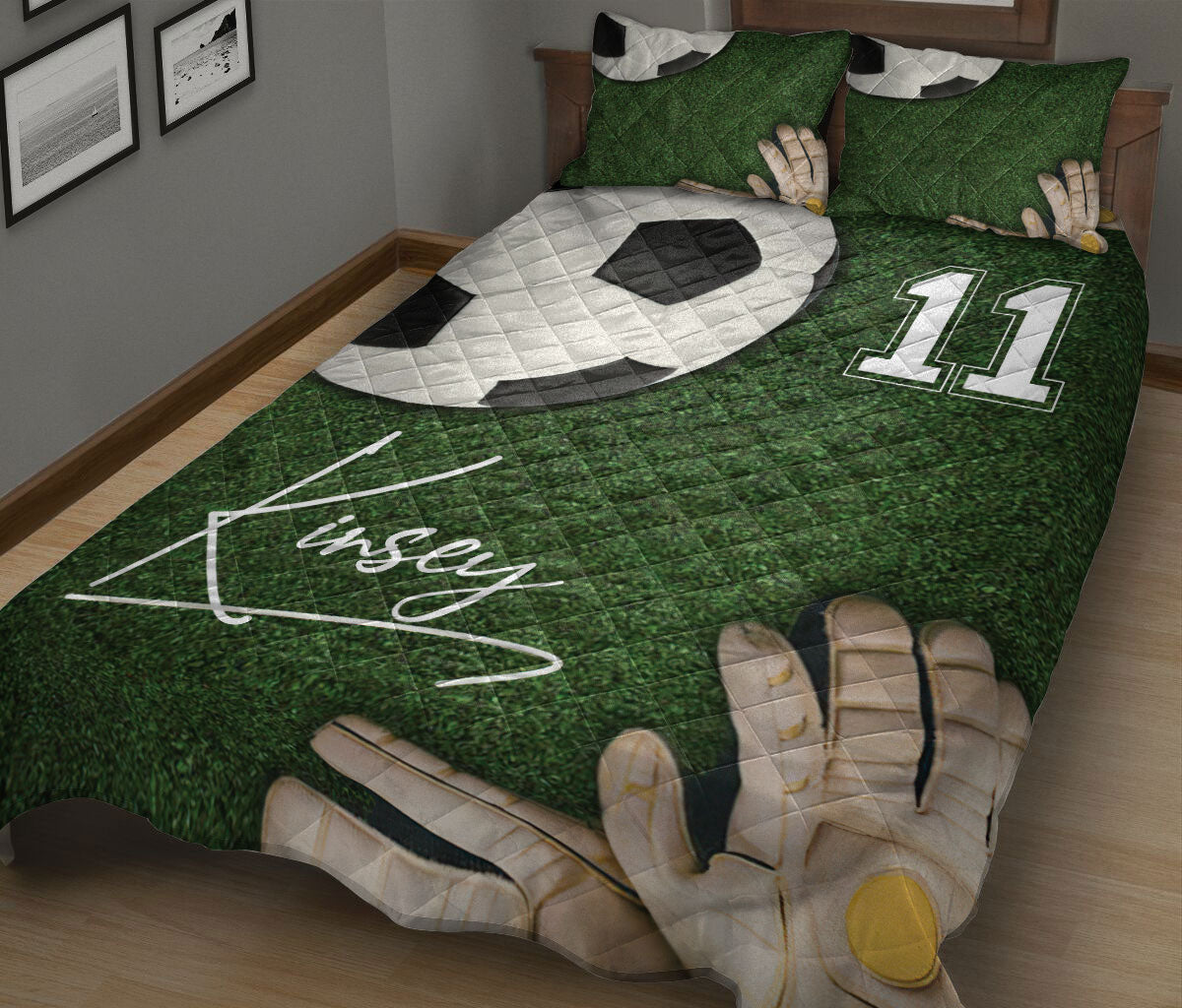 Ohaprints-Quilt-Bed-Set-Pillowcase-Soccer-Field-Ball-Glove-Goalkeeper-Custom-Personalized-Name-Number-Blanket-Bedspread-Bedding-1841-King (90'' x 100'')
