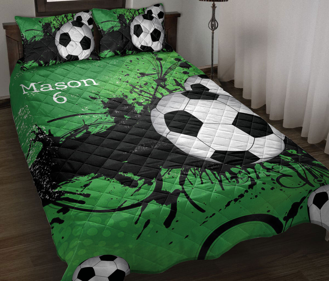 Ohaprints-Quilt-Bed-Set-Pillowcase-Soccer-Green-With-Balls-Custom-Personalized-Name-Number-Blanket-Bedspread-Bedding-1255-Throw (55'' x 60'')