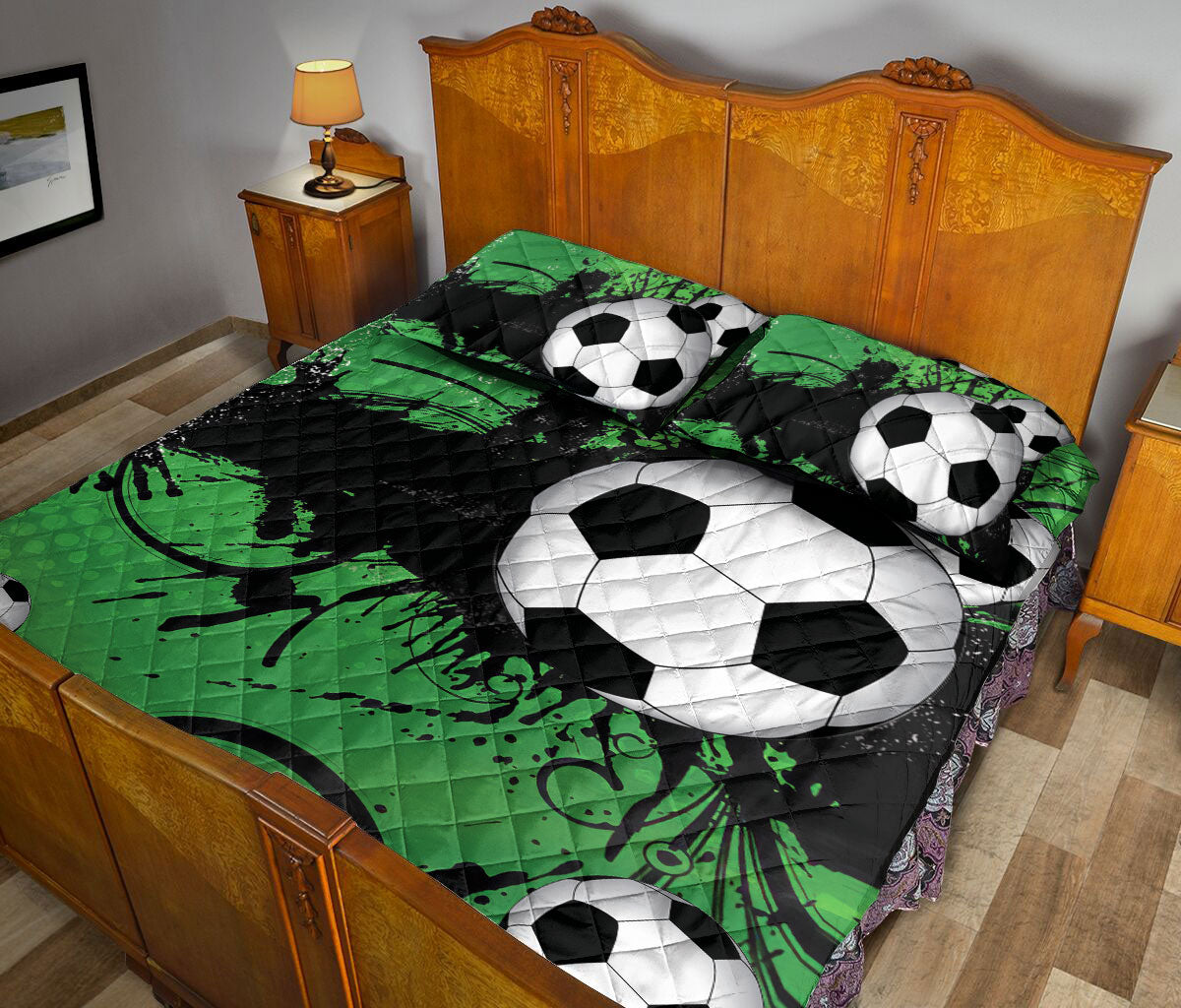 Ohaprints-Quilt-Bed-Set-Pillowcase-Soccer-Green-With-Balls-Custom-Personalized-Name-Number-Blanket-Bedspread-Bedding-1255-Queen (80'' x 90'')