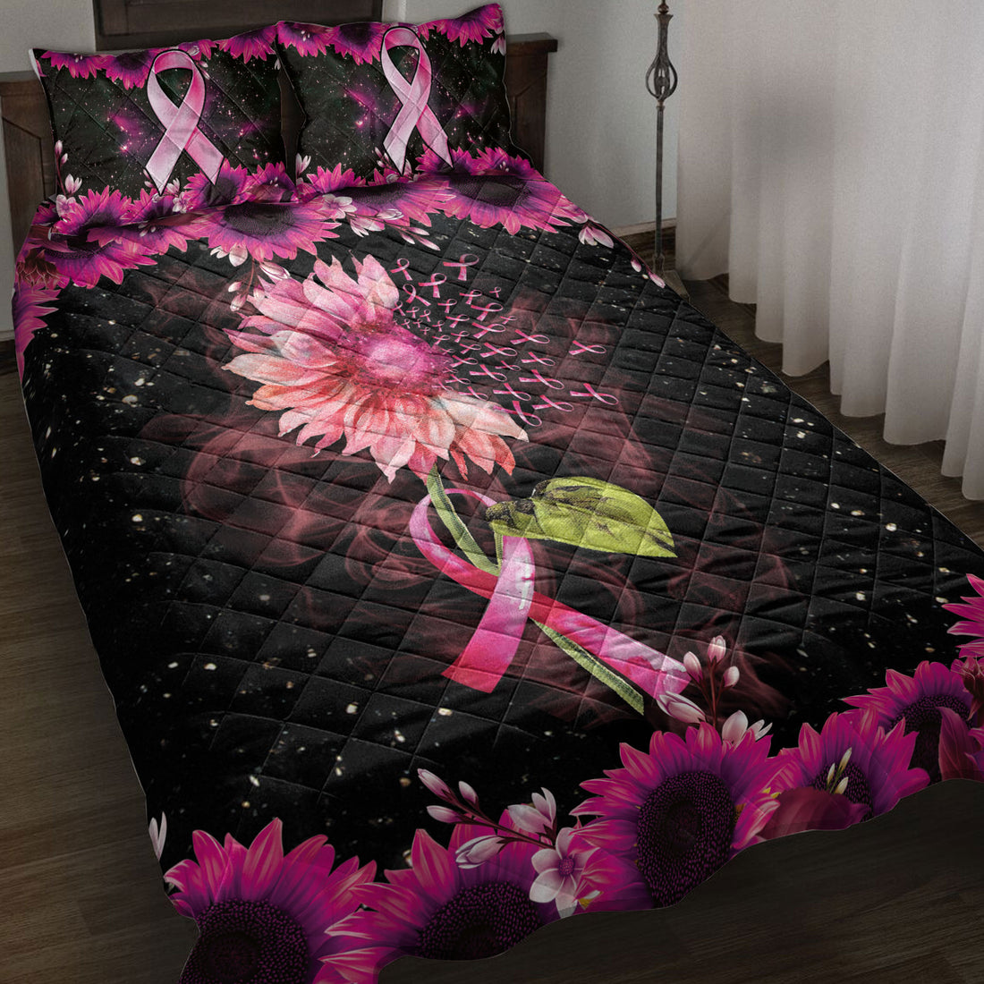 Ohaprints-Quilt-Bed-Set-Pillowcase-Breast-Cancer-Awareness-Pink-Bc-Support-Sunflower-Ribbon-Galaxy-Blanket-Bedspread-Bedding-3863-Throw (55'' x 60'')