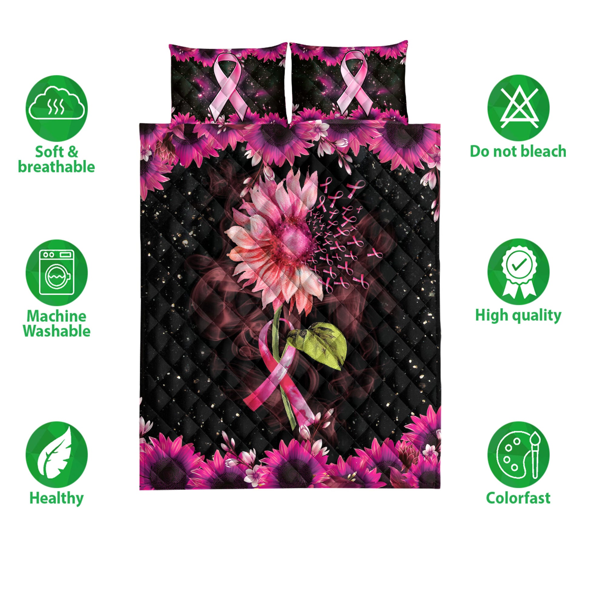 Ohaprints-Quilt-Bed-Set-Pillowcase-Breast-Cancer-Awareness-Pink-Bc-Support-Sunflower-Ribbon-Galaxy-Blanket-Bedspread-Bedding-3863-Double (70'' x 80'')