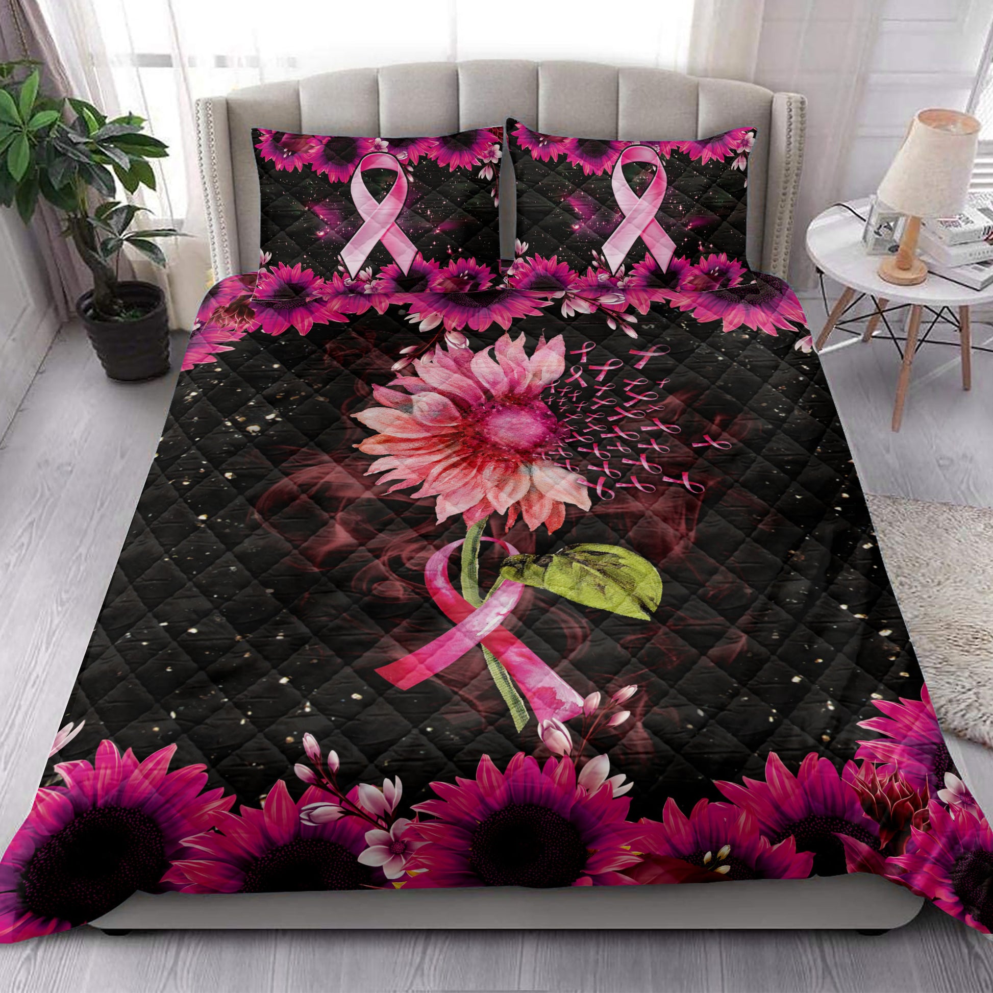 Ohaprints-Quilt-Bed-Set-Pillowcase-Breast-Cancer-Awareness-Pink-Bc-Support-Sunflower-Ribbon-Galaxy-Blanket-Bedspread-Bedding-3863-King (90'' x 100'')