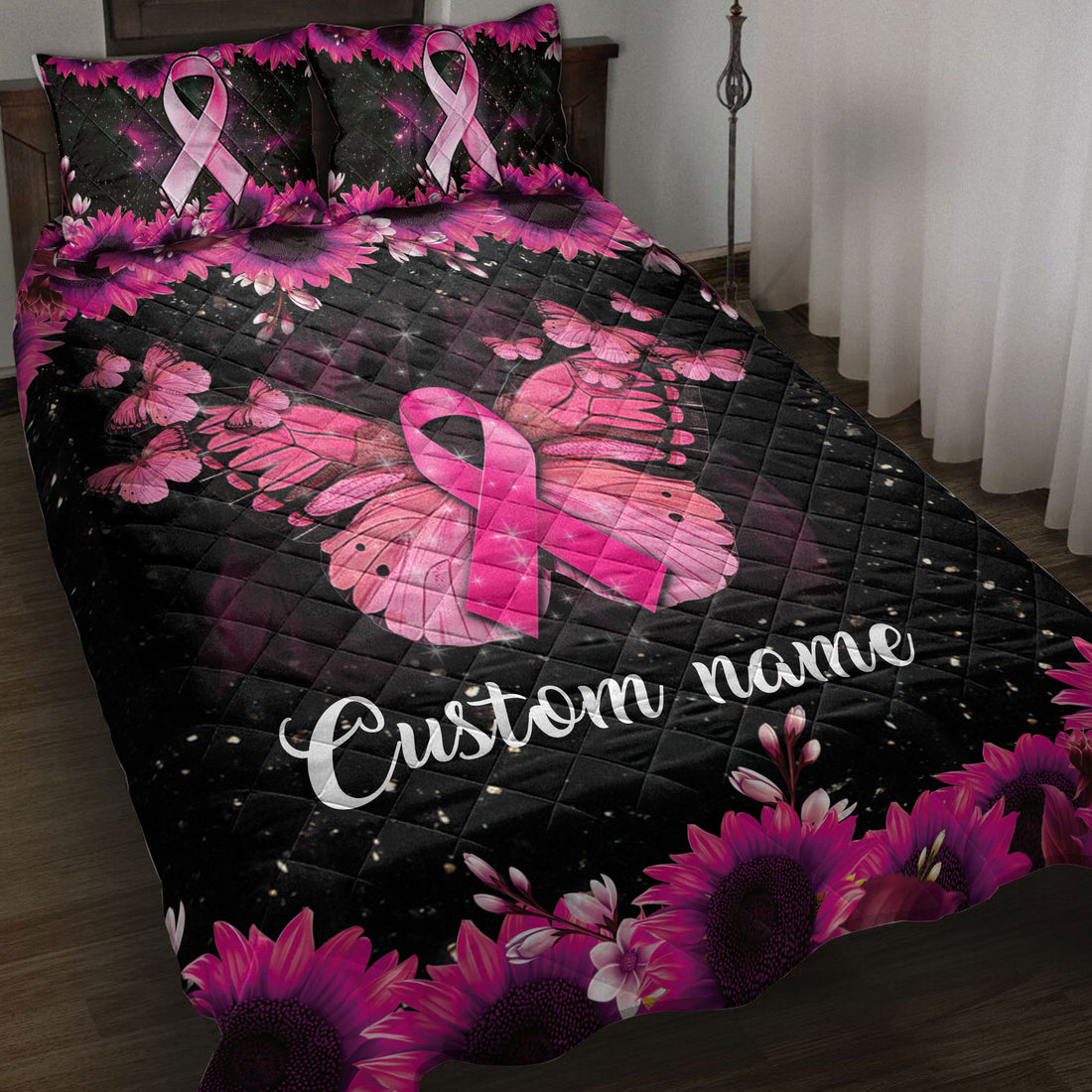Ohaprints-Quilt-Bed-Set-Pillowcase-Breast-Cancer-Awareness-Pink-Ribbon-Custom-Personalized-Name-Blanket-Bedspread-Bedding-3864-Throw (55'' x 60'')