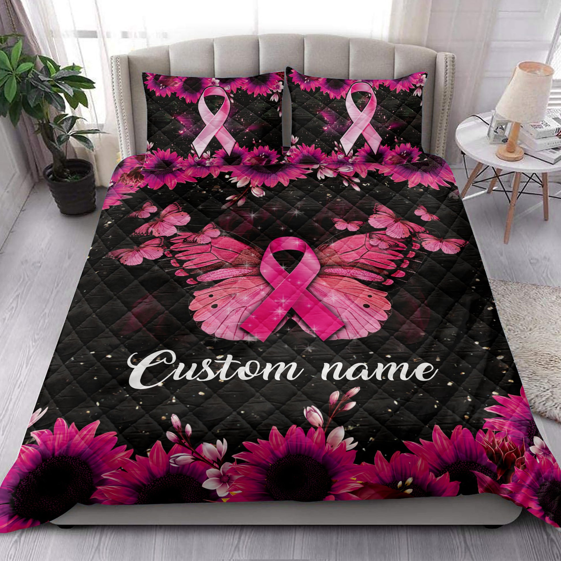 Ohaprints-Quilt-Bed-Set-Pillowcase-Breast-Cancer-Awareness-Pink-Ribbon-Custom-Personalized-Name-Blanket-Bedspread-Bedding-3864-King (90'' x 100'')