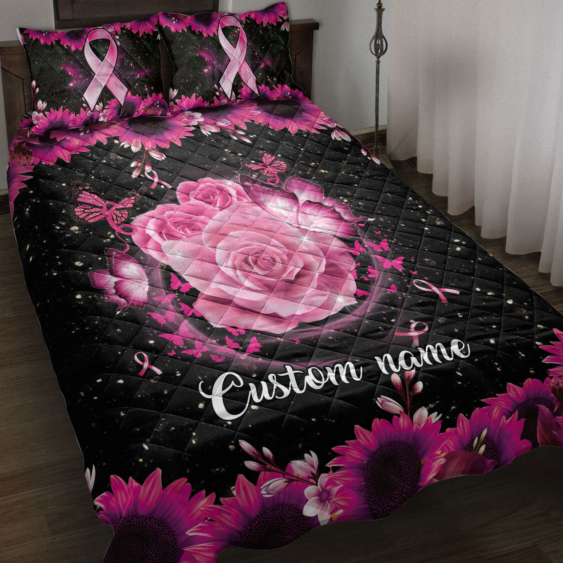 Ohaprints-Quilt-Bed-Set-Pillowcase-Breast-Cancer-Awareness-Pink-Butterfly-Rose-Custom-Personalized-Name-Blanket-Bedspread-Bedding-3865-Throw (55'' x 60'')