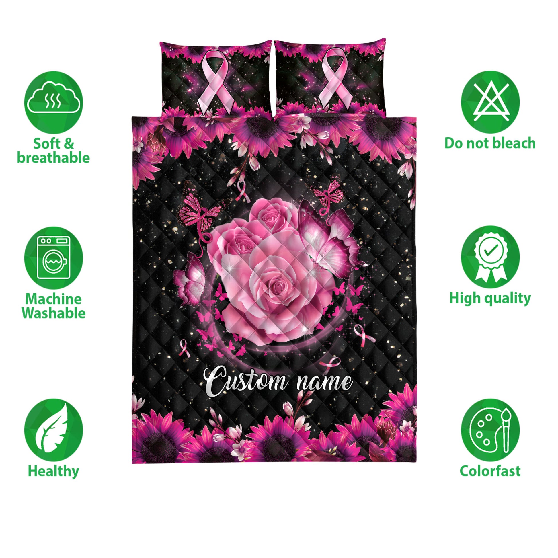 Ohaprints-Quilt-Bed-Set-Pillowcase-Breast-Cancer-Awareness-Pink-Butterfly-Rose-Custom-Personalized-Name-Blanket-Bedspread-Bedding-3865-Double (70'' x 80'')