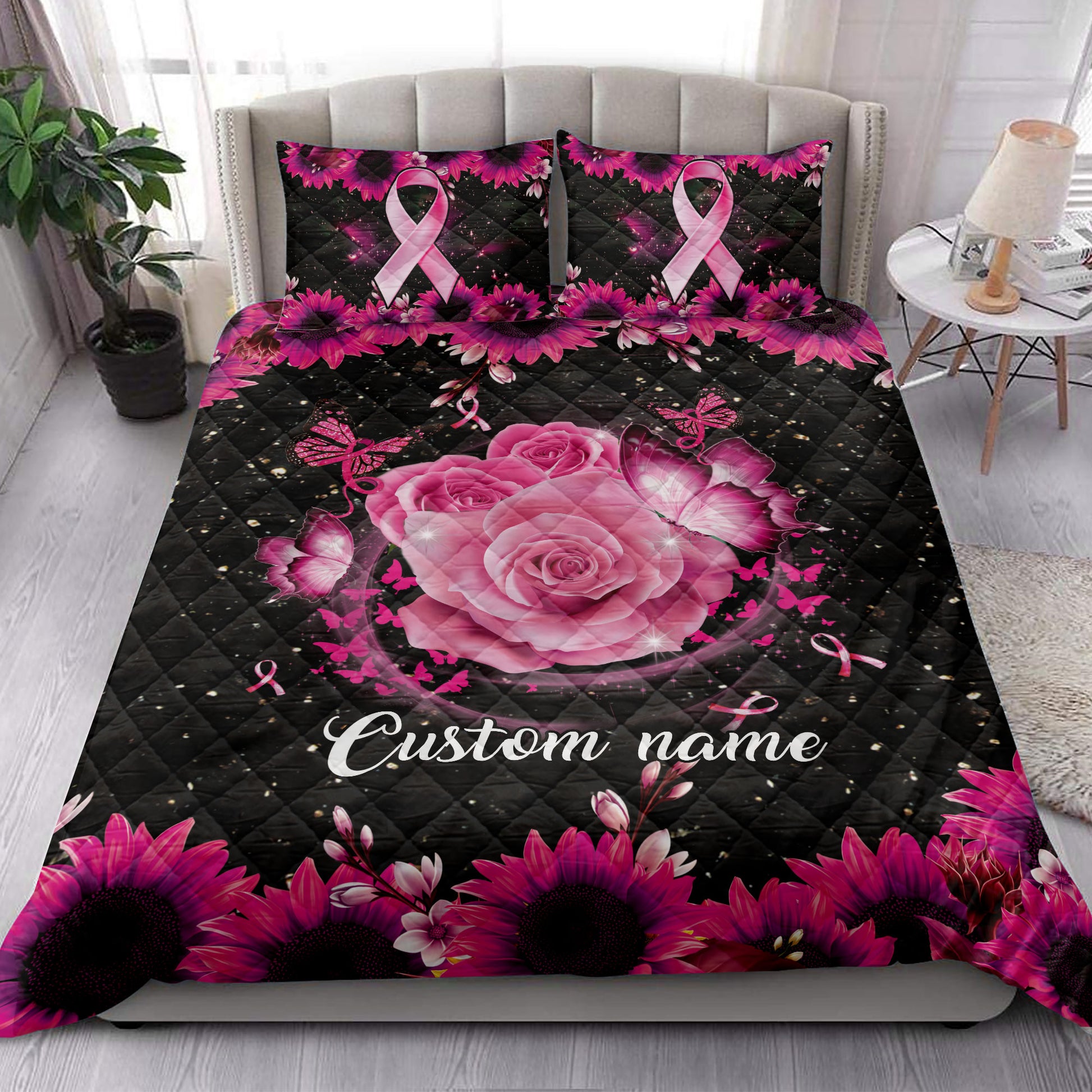 Ohaprints-Quilt-Bed-Set-Pillowcase-Breast-Cancer-Awareness-Pink-Butterfly-Rose-Custom-Personalized-Name-Blanket-Bedspread-Bedding-3865-King (90'' x 100'')