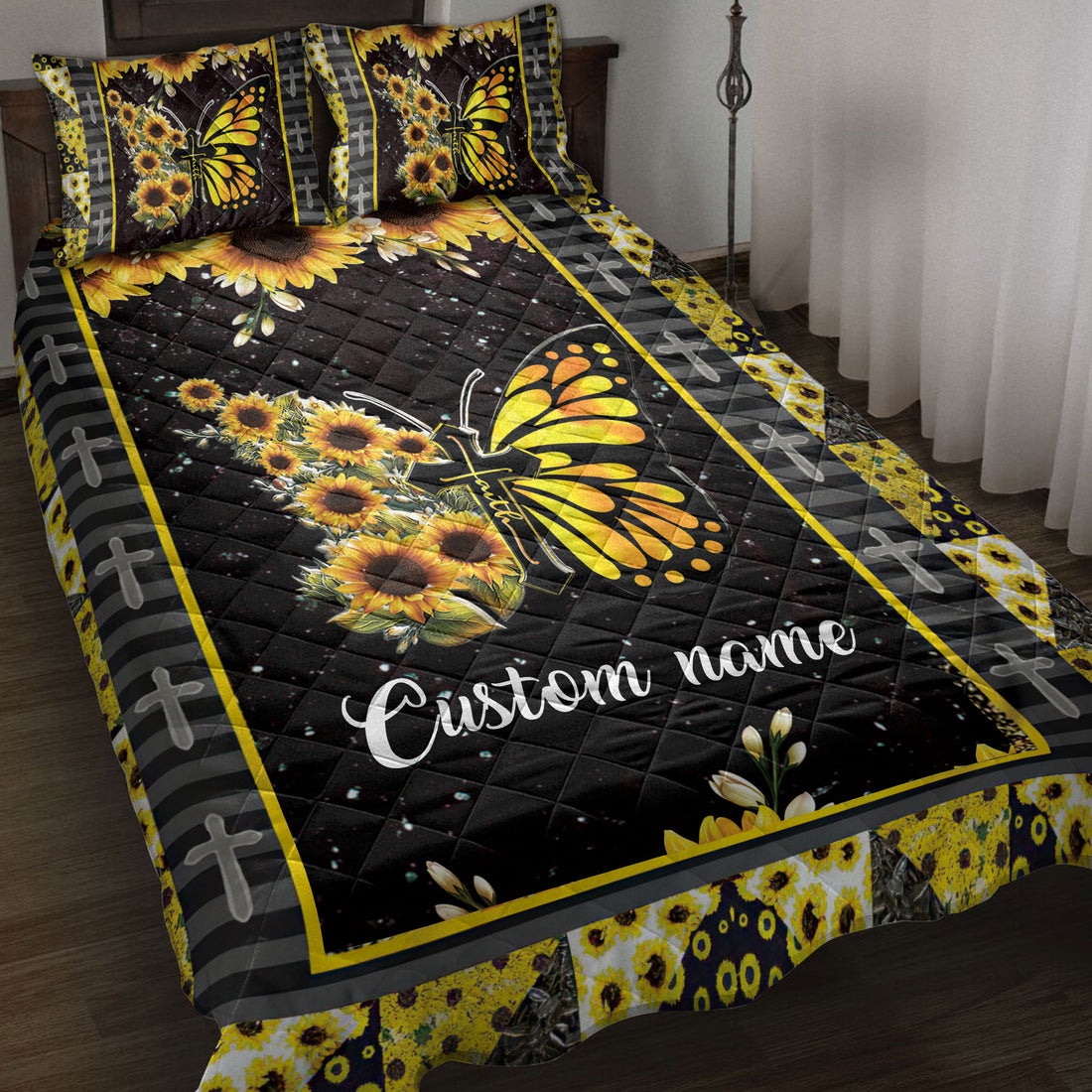 Ohaprints-Quilt-Bed-Set-Pillowcase-Faith-Sunflower-Butterfly-Christian-Cross-Custom-Personalized-Name-Blanket-Bedspread-Bedding-3866-Throw (55'' x 60'')