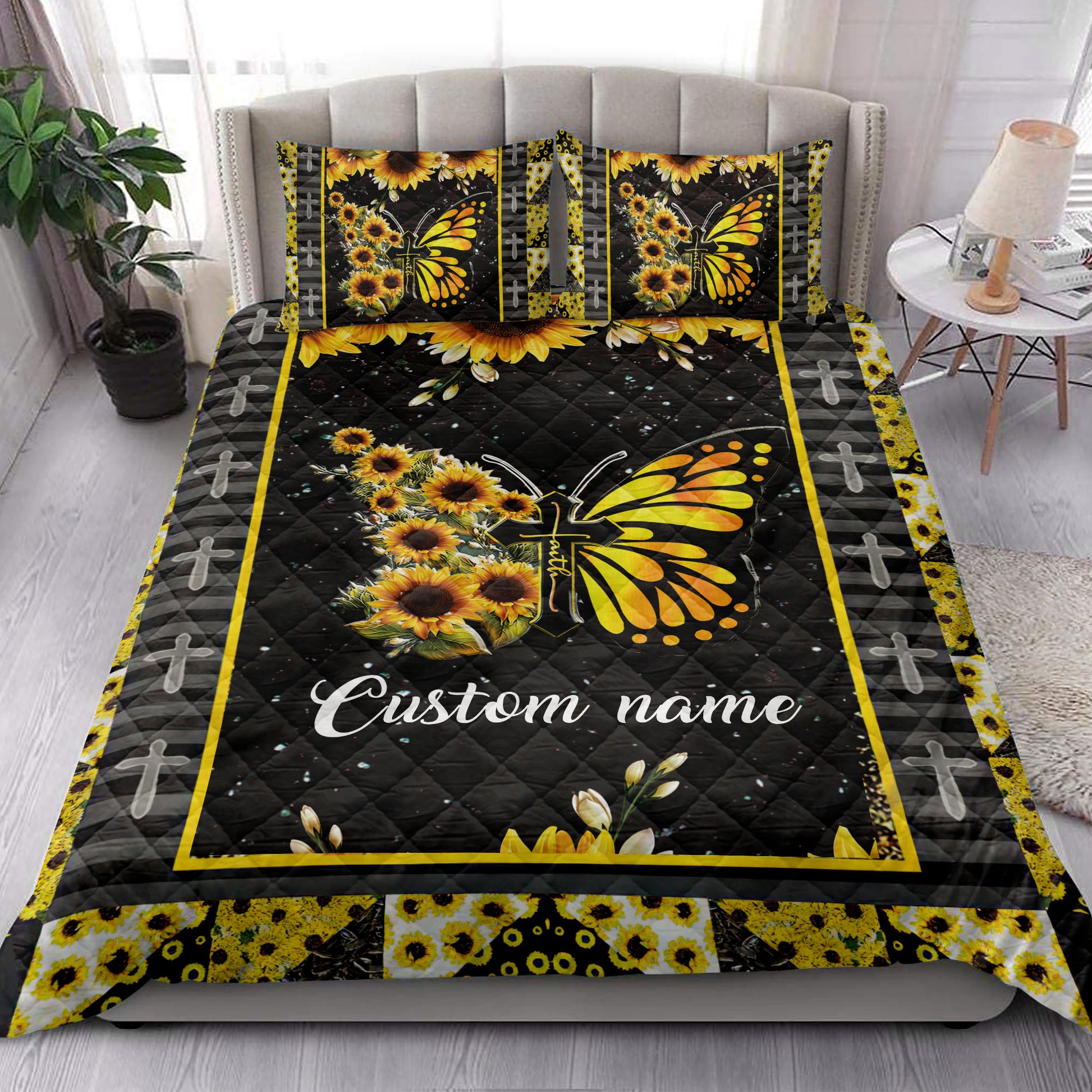 Ohaprints-Quilt-Bed-Set-Pillowcase-Faith-Sunflower-Butterfly-Christian-Cross-Custom-Personalized-Name-Blanket-Bedspread-Bedding-3866-King (90'' x 100'')