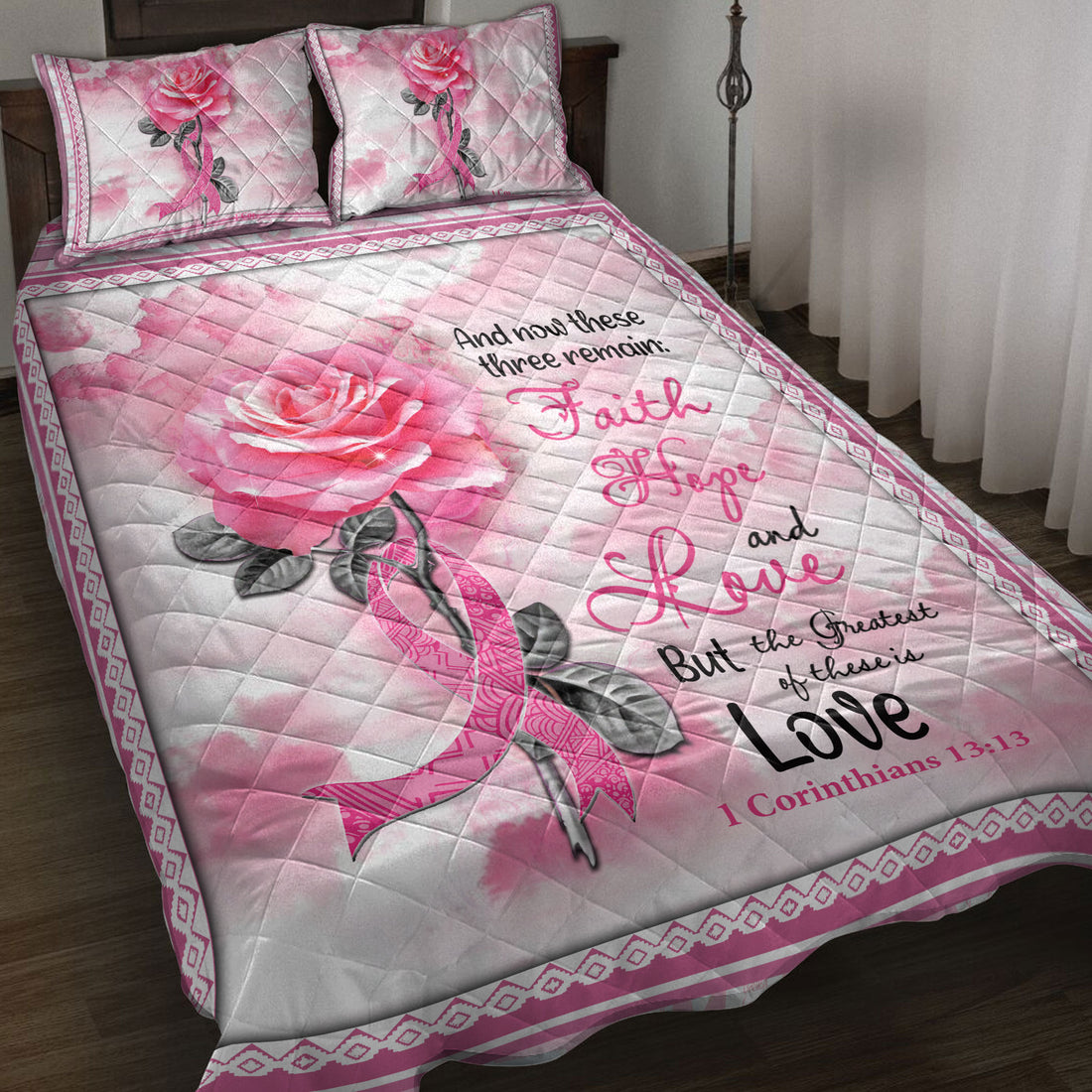 Ohaprints-Quilt-Bed-Set-Pillowcase-Breast-Cancer-Awareness-Pink-Bc-Support-Rose-Faith-Hope-Love-Blanket-Bedspread-Bedding-3867-Throw (55'' x 60'')