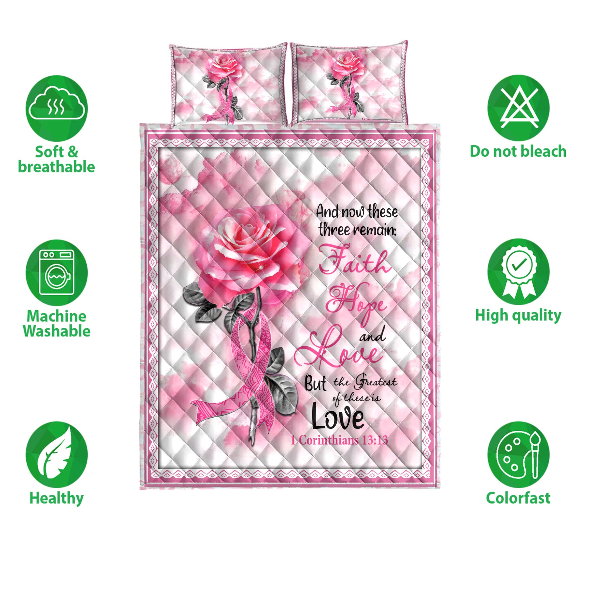 Ohaprints-Quilt-Bed-Set-Pillowcase-Breast-Cancer-Awareness-Pink-Bc-Support-Rose-Faith-Hope-Love-Blanket-Bedspread-Bedding-3867-Double (70'' x 80'')