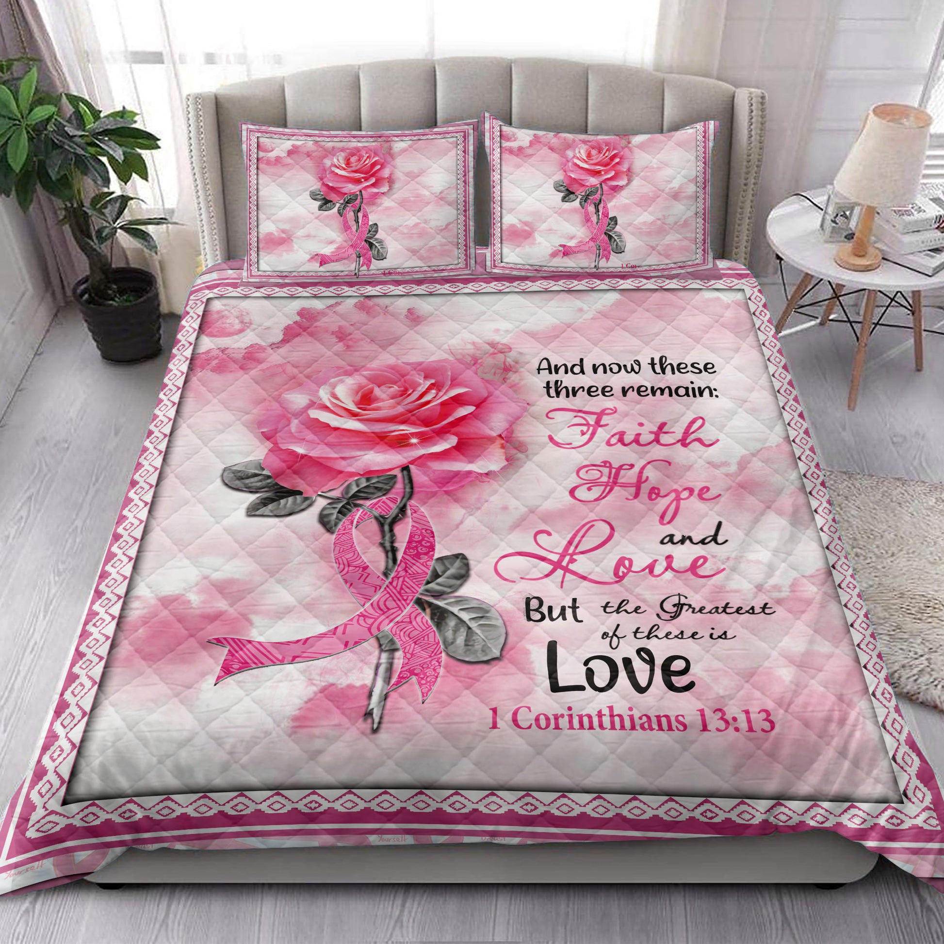 Ohaprints-Quilt-Bed-Set-Pillowcase-Breast-Cancer-Awareness-Pink-Bc-Support-Rose-Faith-Hope-Love-Blanket-Bedspread-Bedding-3867-King (90'' x 100'')