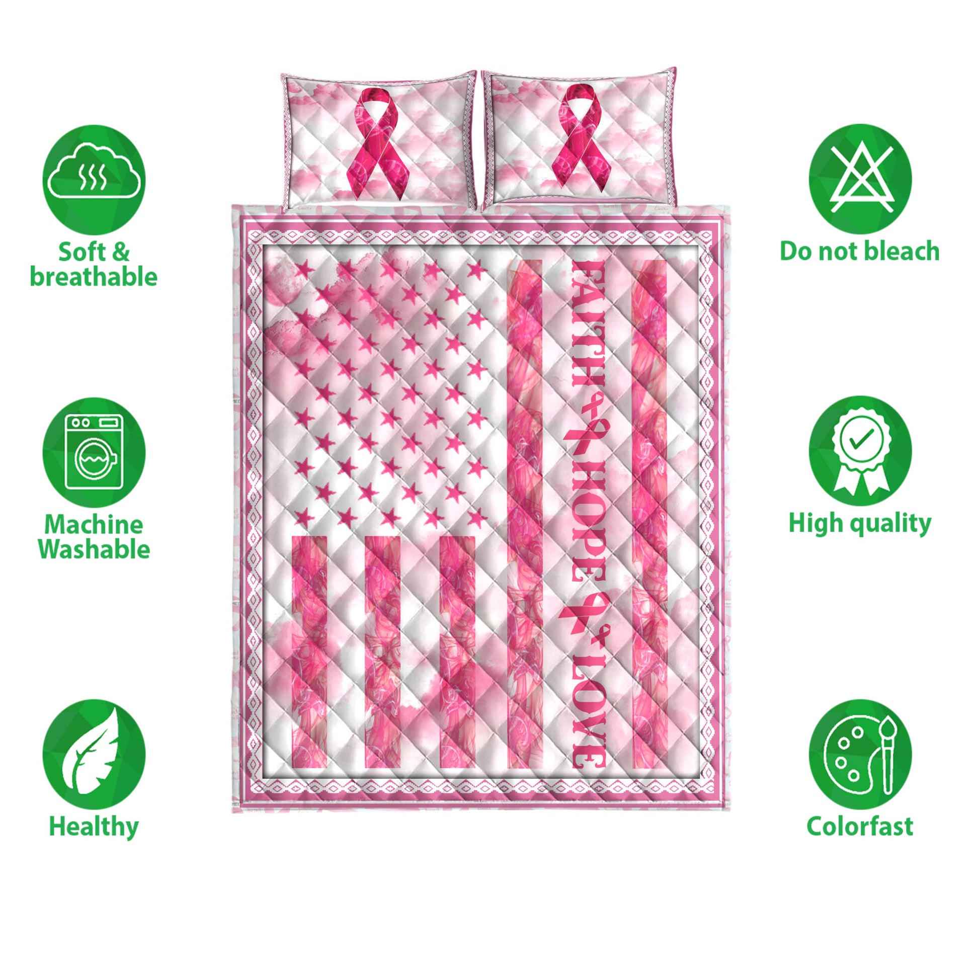 Ohaprints-Quilt-Bed-Set-Pillowcase-Breast-Cancer-Awareness-Pink-Bc-Support-Faith-Hope-Love-Blanket-Bedspread-Bedding-3868-Double (70'' x 80'')