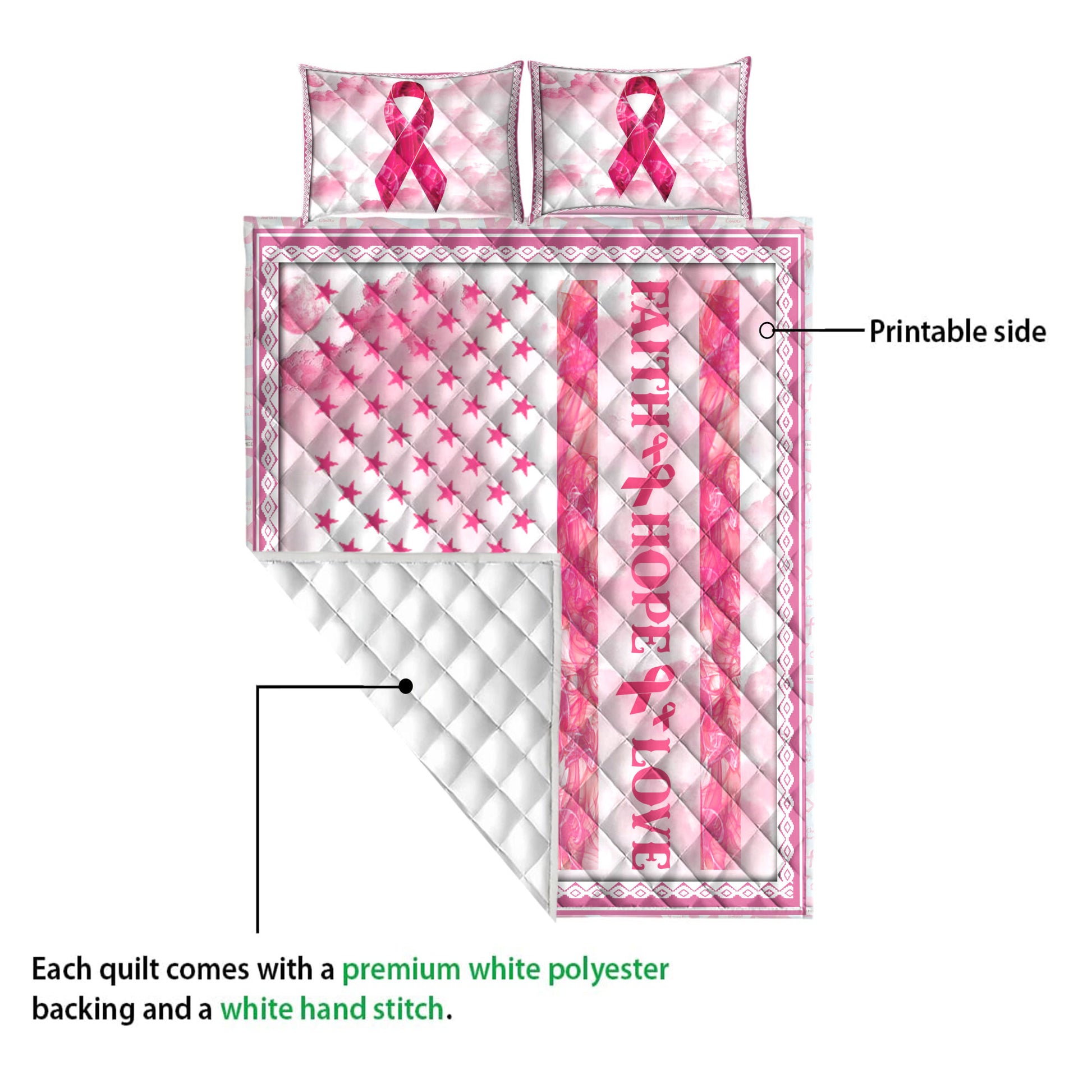 Ohaprints-Quilt-Bed-Set-Pillowcase-Breast-Cancer-Awareness-Pink-Bc-Support-Faith-Hope-Love-Blanket-Bedspread-Bedding-3868-Queen (80'' x 90'')