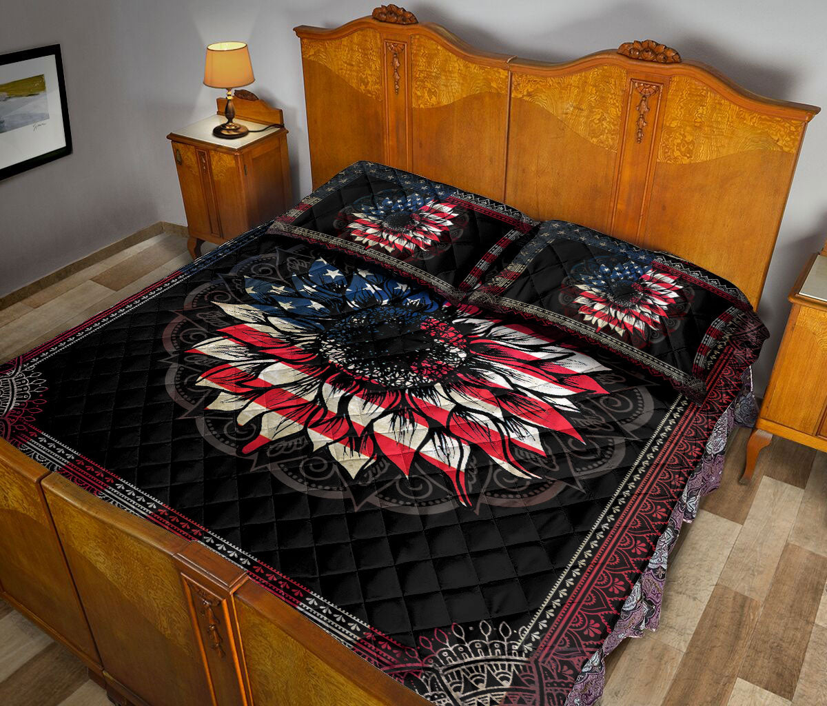 Ohaprints-Quilt-Bed-Set-Pillowcase-Ameriaca-Flag-Sunflower-Mandala-Pattern-Vintage-Bedroom-Decor-Floral-Leaf-Blanket-Bedspread-Bedding-1284-Queen (80'' x 90'')
