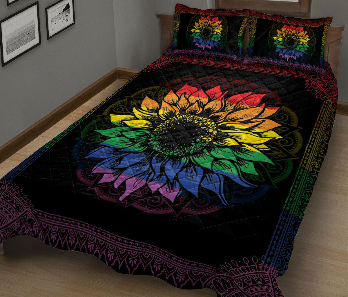 Ohaprints-Quilt-Bed-Set-Pillowcase-Colorful-Rainbow-Lgbt-Sunflower-Mandala-Vintage-Bedroom-Decor-Floral-Leaf-Blanket-Bedspread-Bedding-38-King (90'' x 100'')