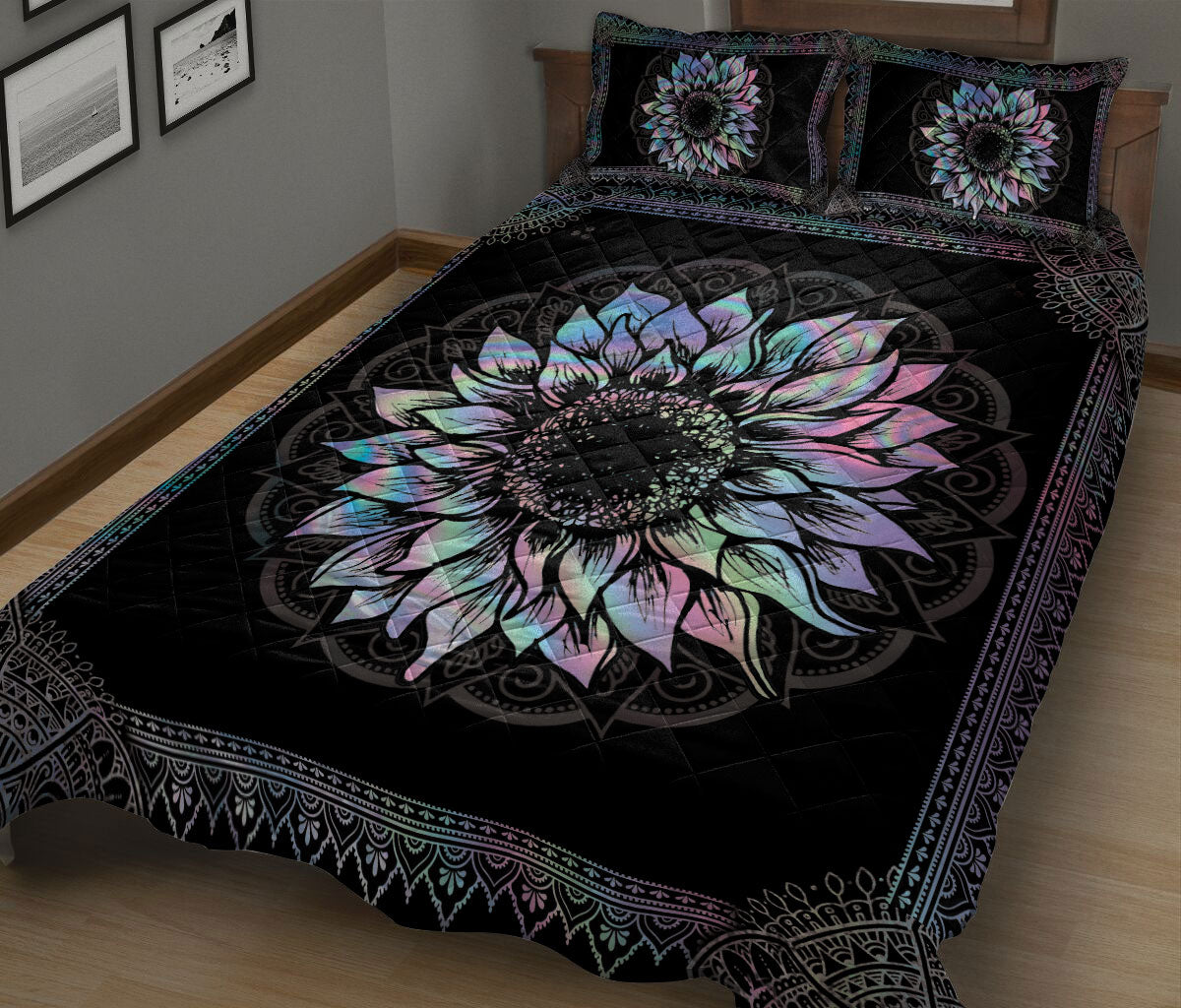 Ohaprints-Quilt-Bed-Set-Pillowcase-Hologram-Color-Sunflower-Mandala-Vintage-Bedroom-Decor-Floral-Leaf-Blanket-Bedspread-Bedding-191-King (90'' x 100'')