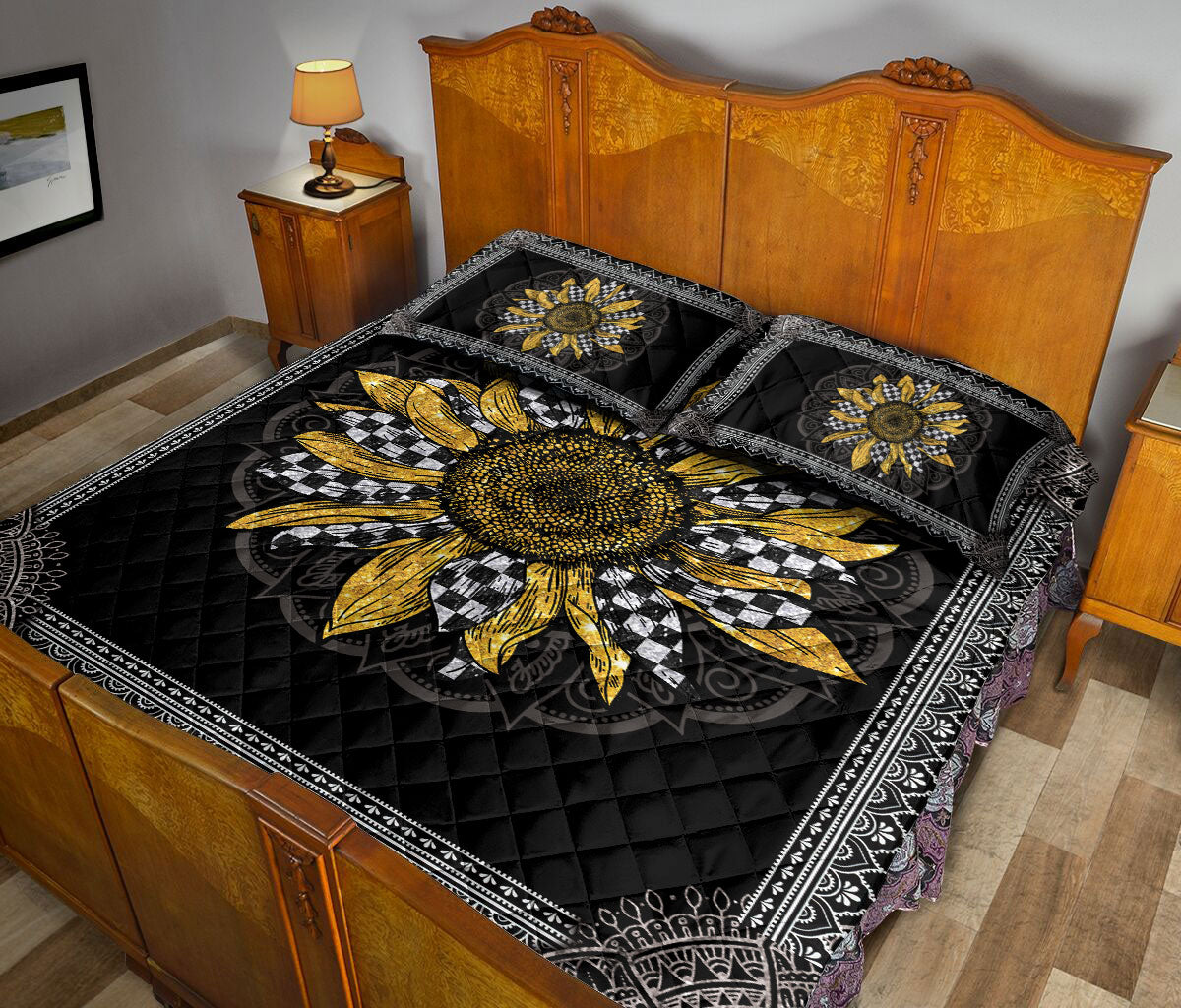 Ohaprints-Quilt-Bed-Set-Pillowcase-Racing-Racer-Checkered-Sunflower-Mandala-Vintage-Bedroom-Decor-Floral-Leaf-Blanket-Bedspread-Bedding-2963-Queen (80'' x 90'')