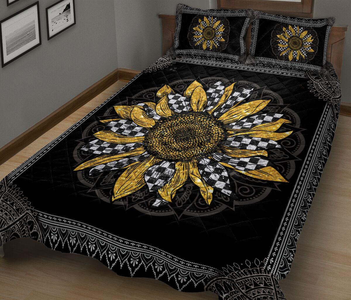 Ohaprints-Quilt-Bed-Set-Pillowcase-Racing-Racer-Checkered-Sunflower-Mandala-Vintage-Bedroom-Decor-Floral-Leaf-Blanket-Bedspread-Bedding-2963-King (90'' x 100'')