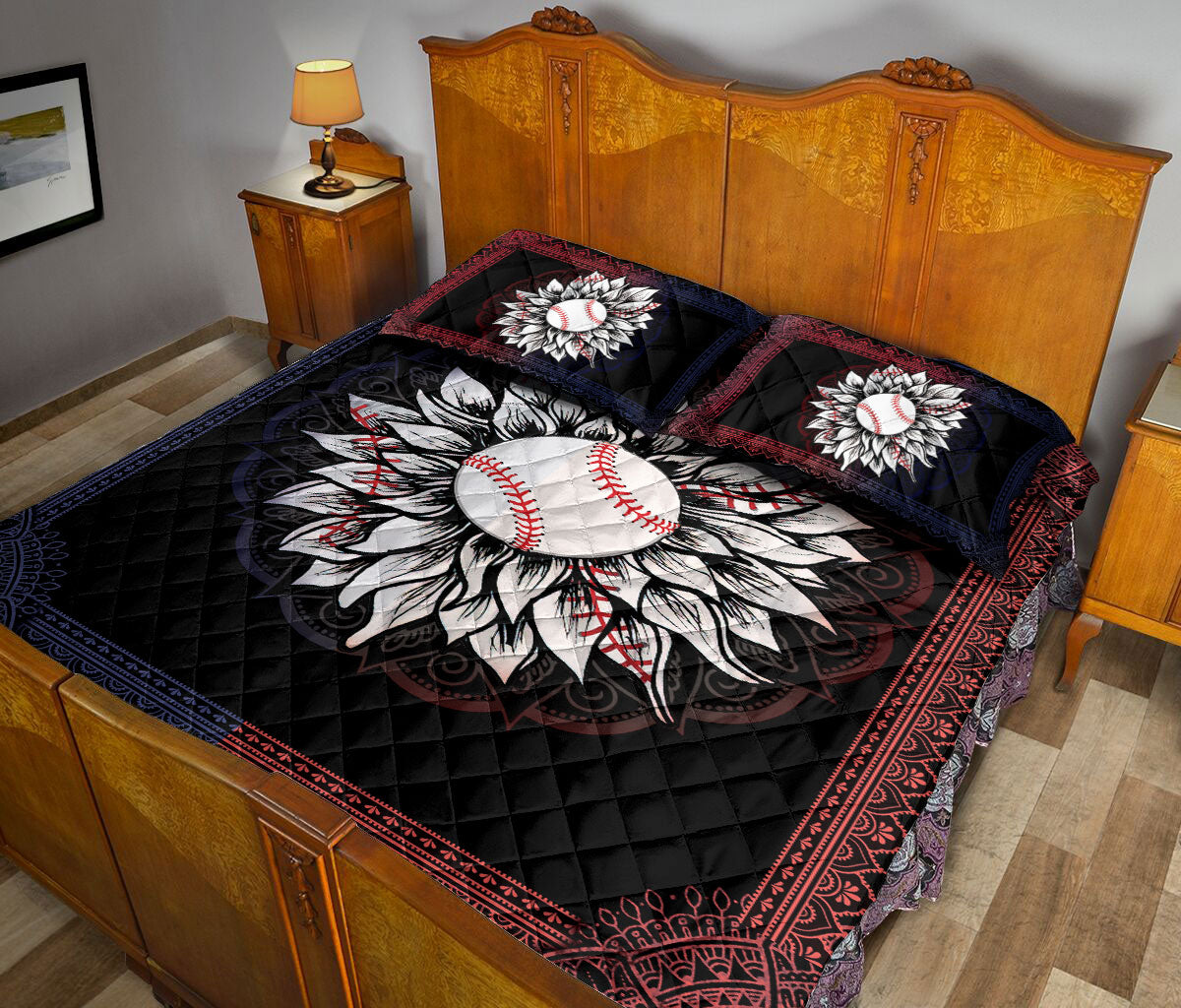 Ohaprints-Quilt-Bed-Set-Pillowcase-Baseball-Ball-White-Sunflower-Mandala-Vintage-Baseball-Player-Fan-Bed-Decor-Blanket-Bedspread-Bedding-1275-Queen (80'' x 90'')