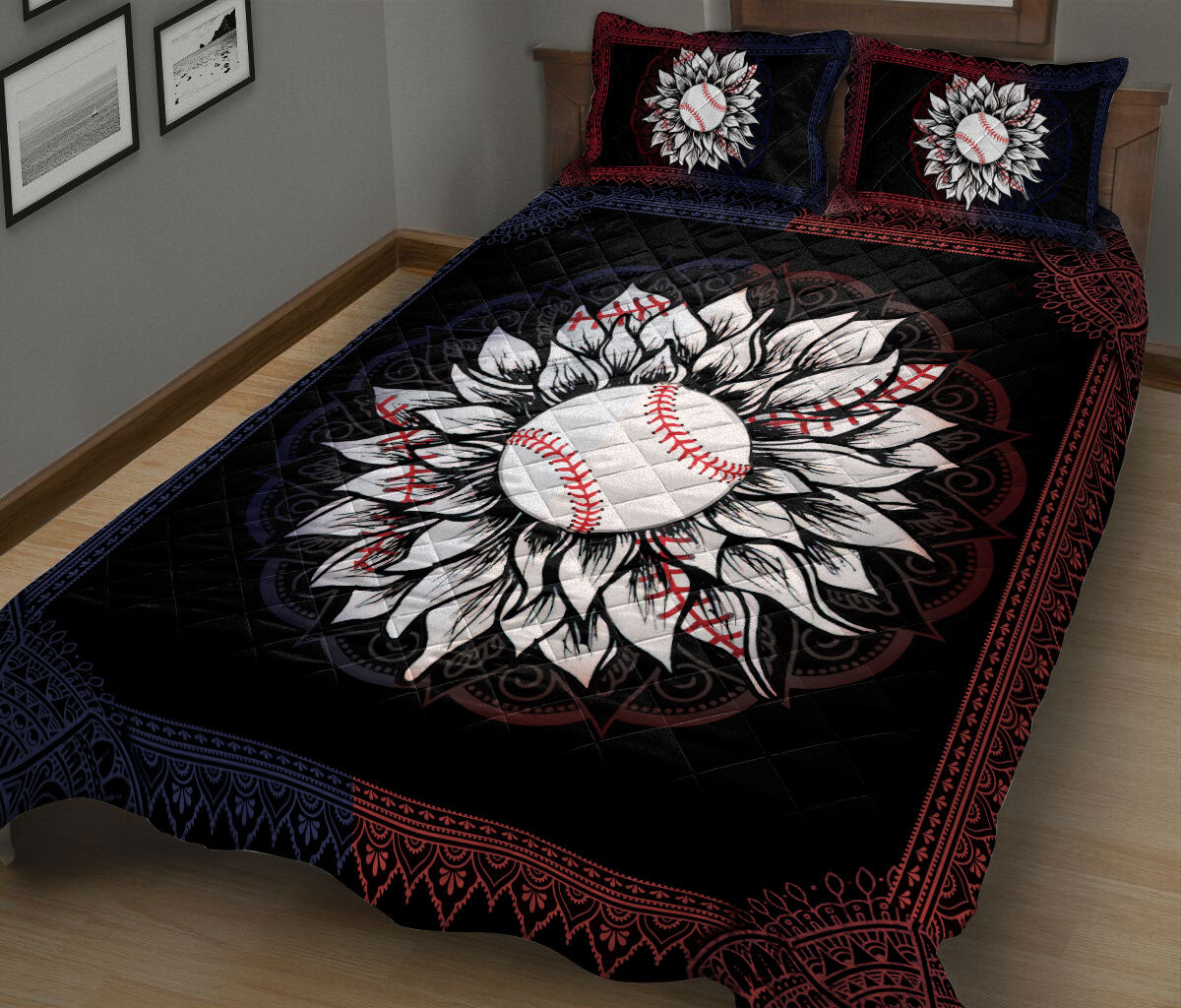 Ohaprints-Quilt-Bed-Set-Pillowcase-Baseball-Ball-White-Sunflower-Mandala-Vintage-Baseball-Player-Fan-Bed-Decor-Blanket-Bedspread-Bedding-1275-King (90'' x 100'')