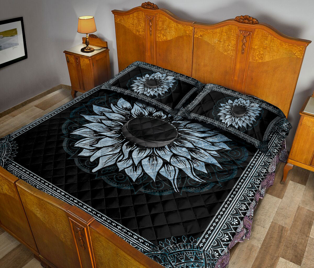 Ohaprints-Quilt-Bed-Set-Pillowcase-Hockey-Blue-Sunflower-Mandala-Vintage-Hockey-Player-Fan-Bedroom-Decor-Blanket-Bedspread-Bedding-782-Queen (80'' x 90'')