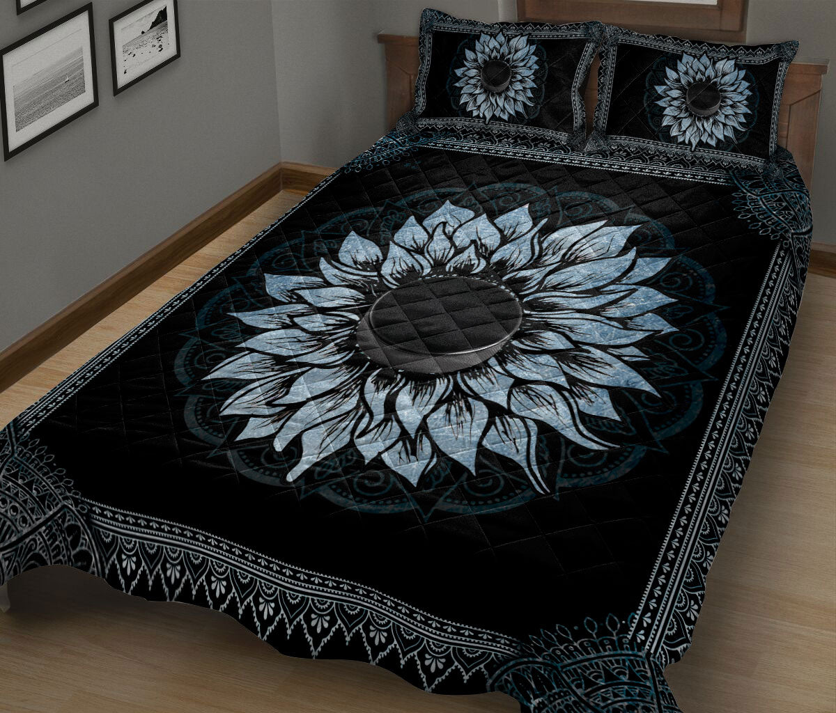Ohaprints-Quilt-Bed-Set-Pillowcase-Hockey-Blue-Sunflower-Mandala-Vintage-Hockey-Player-Fan-Bedroom-Decor-Blanket-Bedspread-Bedding-782-King (90'' x 100'')