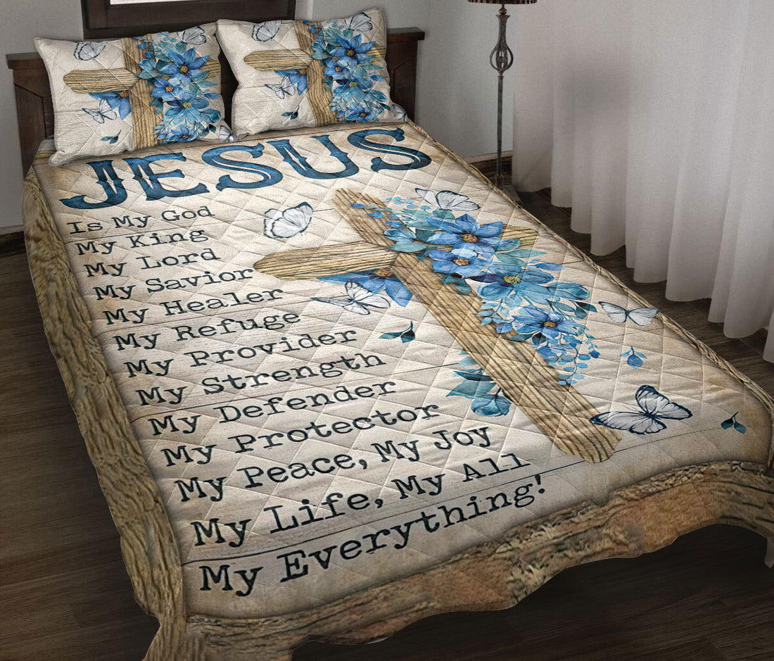 Ohaprints-Quilt-Bed-Set-Pillowcase-Christian-Religious-Jesus-Is-God-My-King-Blue-Flower-Cross-Butterfly-Blanket-Bedspread-Bedding-1459-Throw (55'' x 60'')