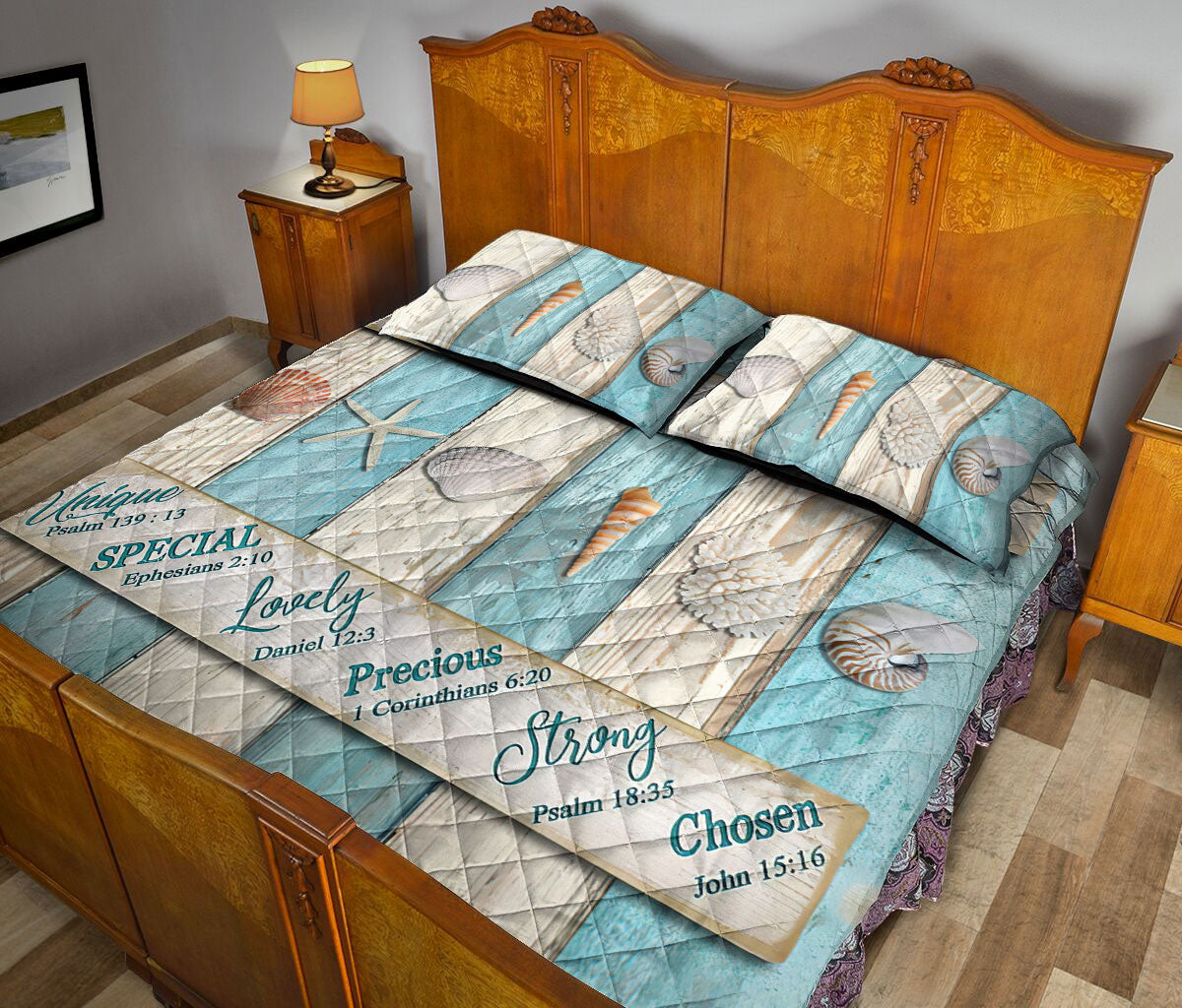 Ohaprints-Quilt-Bed-Set-Pillowcase-Sea-Beach-Lover-Ocean-Stuff-Wood-Rustic-Pattern-God-Say-You-Are-Blue-White-Blanket-Bedspread-Bedding-2639-Queen (80'' x 90'')