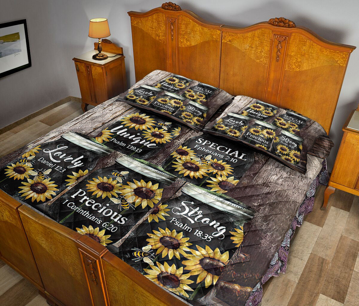 Ohaprints-Quilt-Bed-Set-Pillowcase-Seasonal-Sunflower-Jar-Wood-Pattern-Vintage-Brown-God-Say-You-Are-Unique-Blanket-Bedspread-Bedding-881-Queen (80'' x 90'')