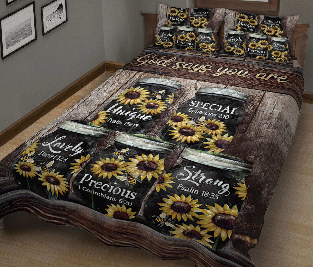 Ohaprints-Quilt-Bed-Set-Pillowcase-Seasonal-Sunflower-Jar-Wood-Pattern-Vintage-Brown-God-Say-You-Are-Unique-Blanket-Bedspread-Bedding-881-King (90'' x 100'')