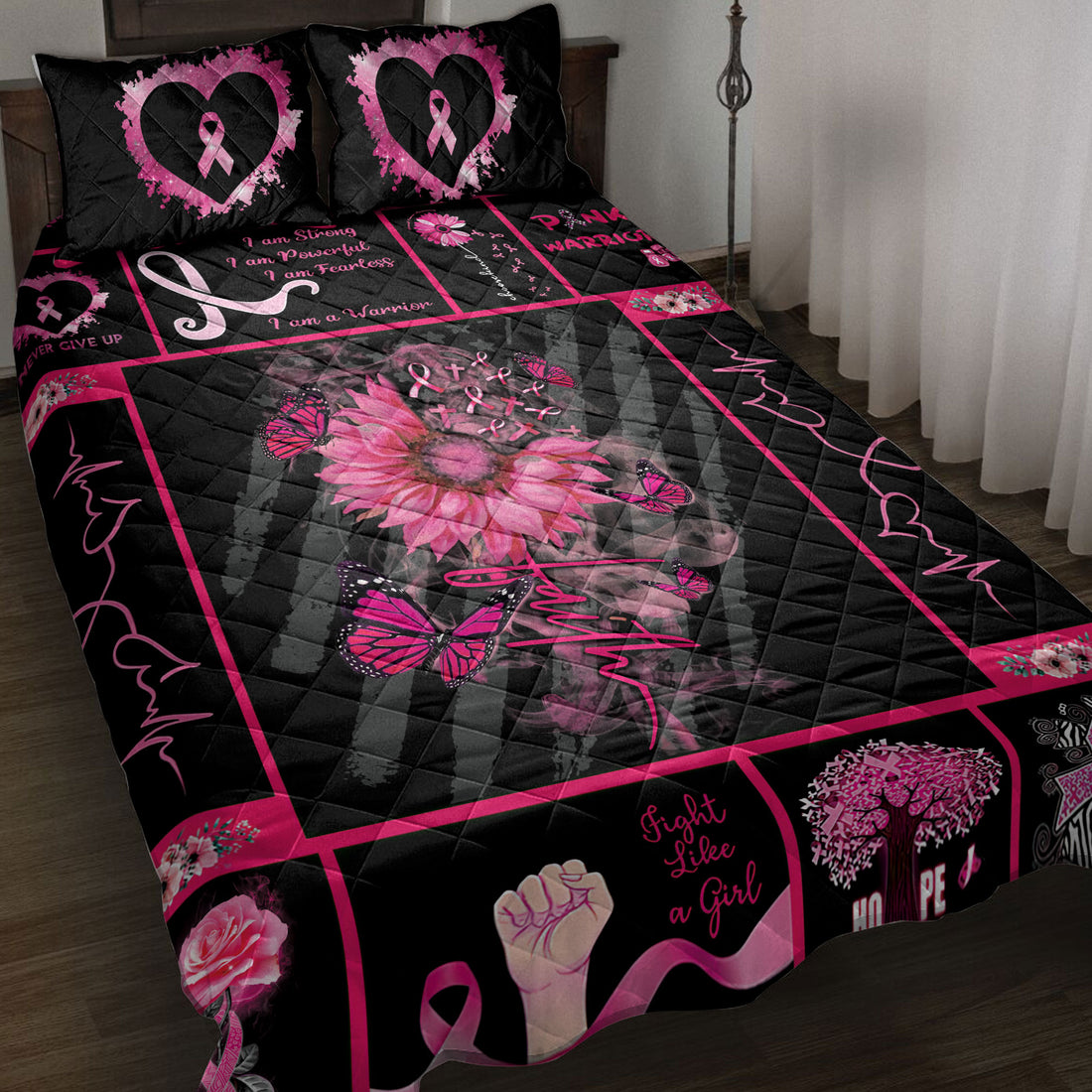 Ohaprints-Quilt-Bed-Set-Pillowcase-Breast-Cancer-Awareness-Pink-Sunflower-Flower-Faith-Butterfly-Blanket-Bedspread-Bedding-3869-Throw (55'' x 60'')