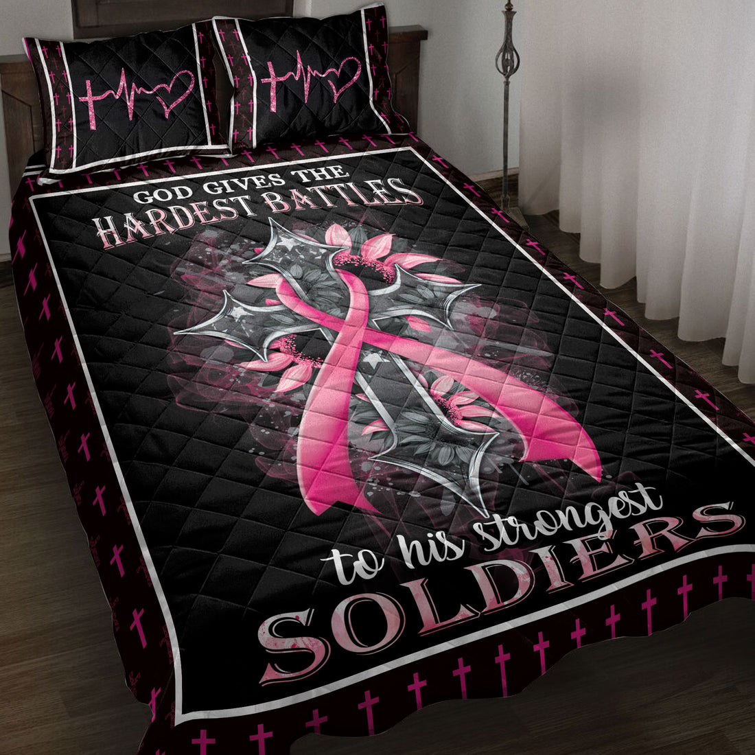 Ohaprints-Quilt-Bed-Set-Pillowcase-Breast-Cancer-Awareness-Pink-Sunflower-Flower-Jesus-God-Cross-Blanket-Bedspread-Bedding-3871-Throw (55'' x 60'')
