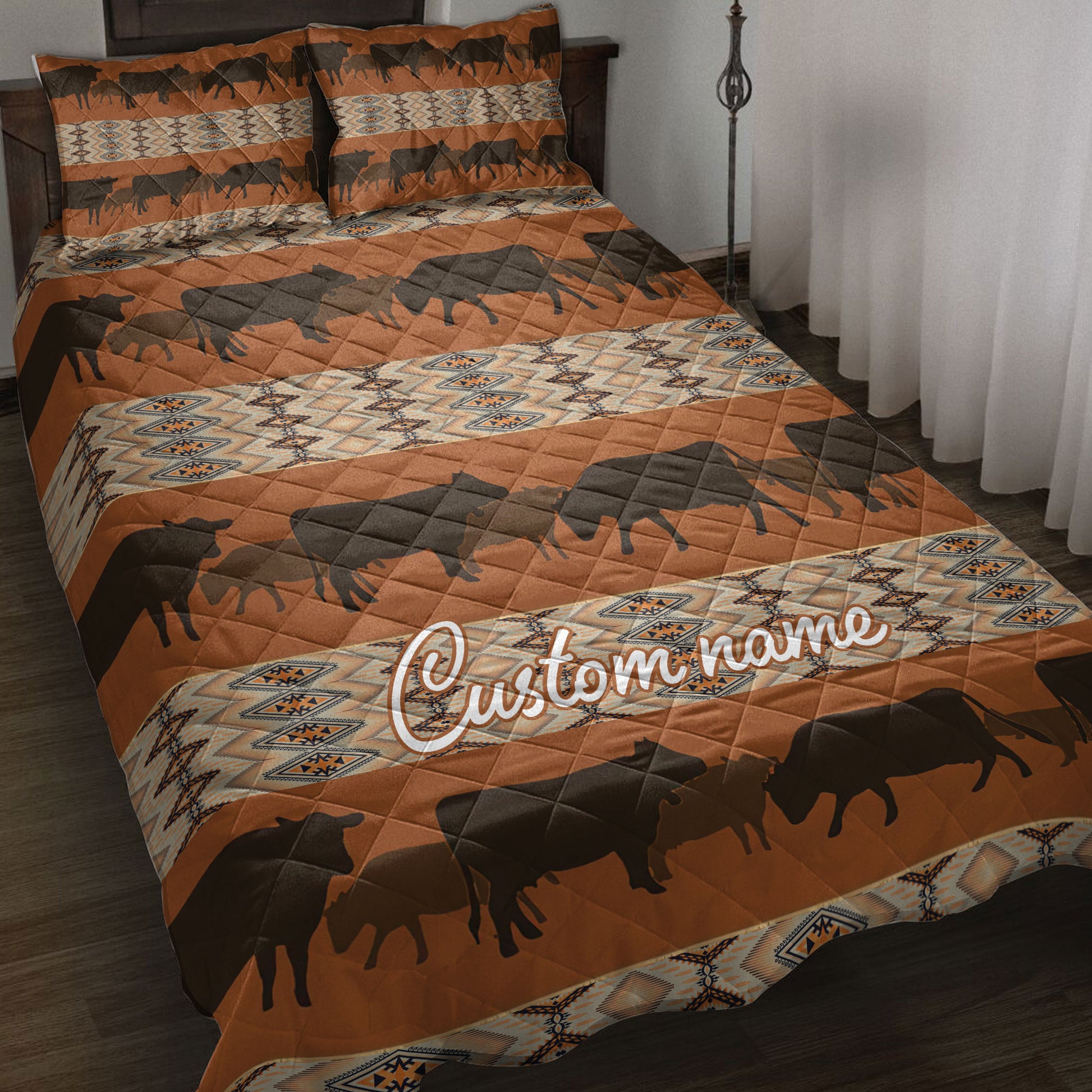 Ohaprints-Quilt-Bed-Set-Pillowcase-Native-Pattern-Cow-Farm-Farmhouse-Brown-Custom-Personalized-Name-Blanket-Bedspread-Bedding-3873-Throw (55'' x 60'')