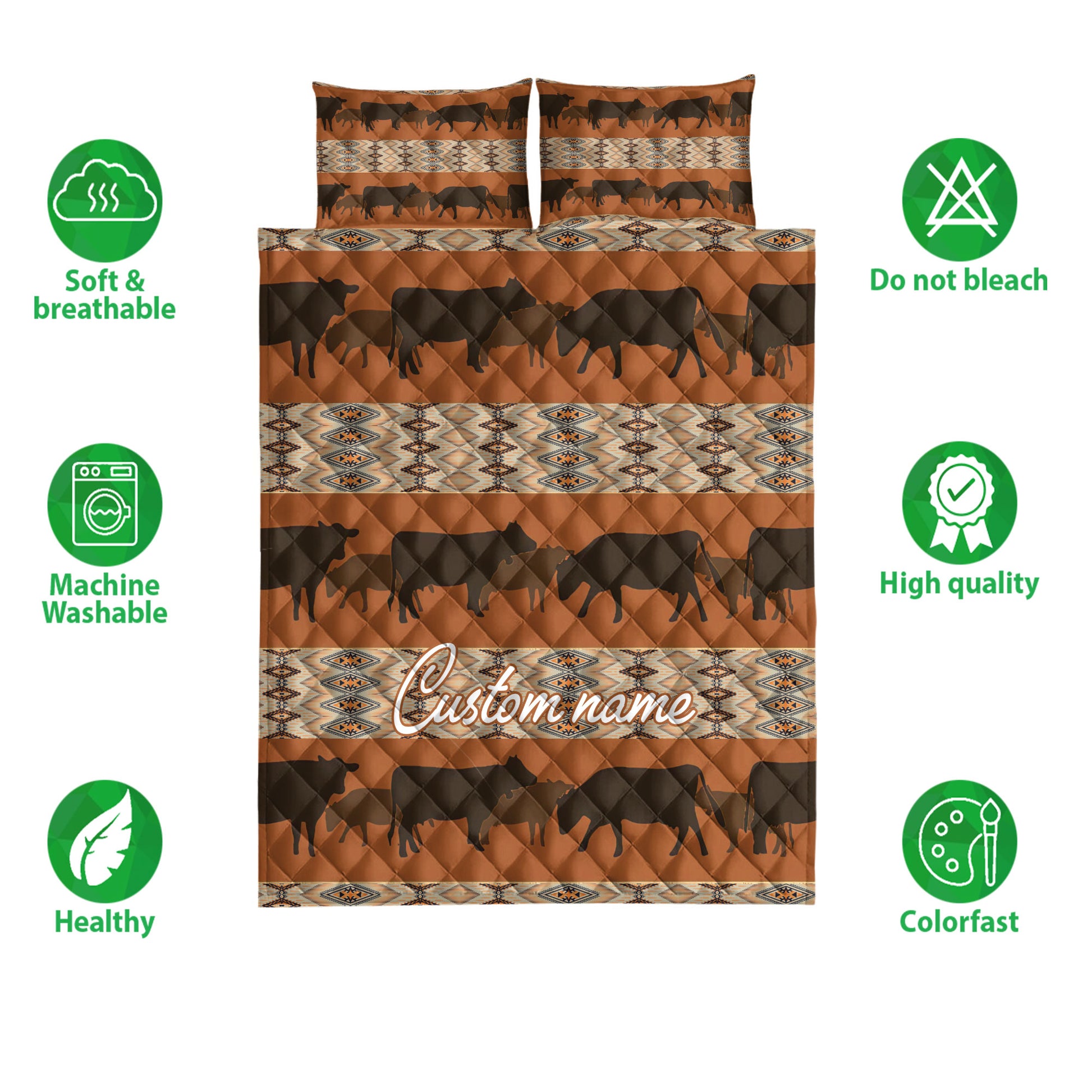 Ohaprints-Quilt-Bed-Set-Pillowcase-Native-Pattern-Cow-Farm-Farmhouse-Brown-Custom-Personalized-Name-Blanket-Bedspread-Bedding-3873-Double (70'' x 80'')