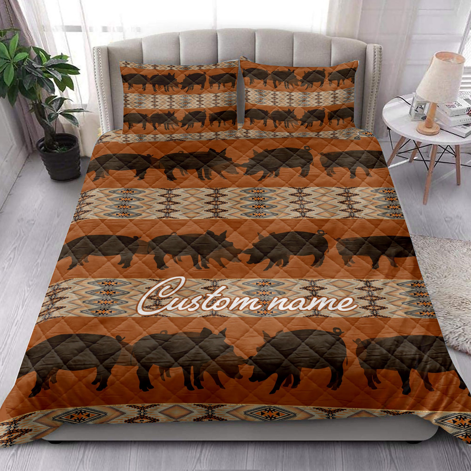 Ohaprints-Quilt-Bed-Set-Pillowcase-Native-Pattern-Pig-Farm-Farmhouse-Brown-Custom-Personalized-Name-Blanket-Bedspread-Bedding-3875-King (90'' x 100'')