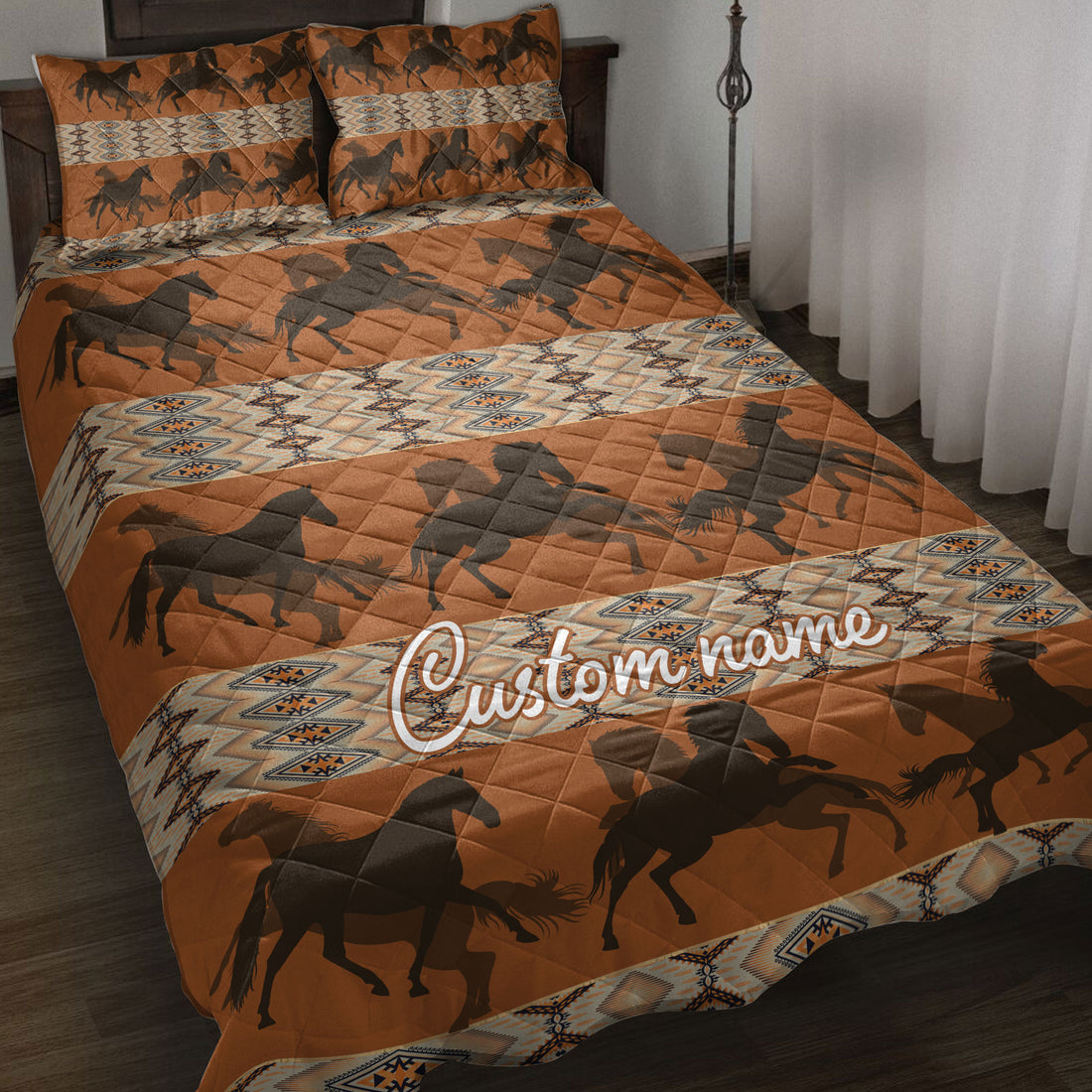 Ohaprints-Quilt-Bed-Set-Pillowcase-Native-Pattern-Horse-Farm-Farmhouse-Brown-Custom-Personalized-Name-Blanket-Bedspread-Bedding-3876-Throw (55'' x 60'')