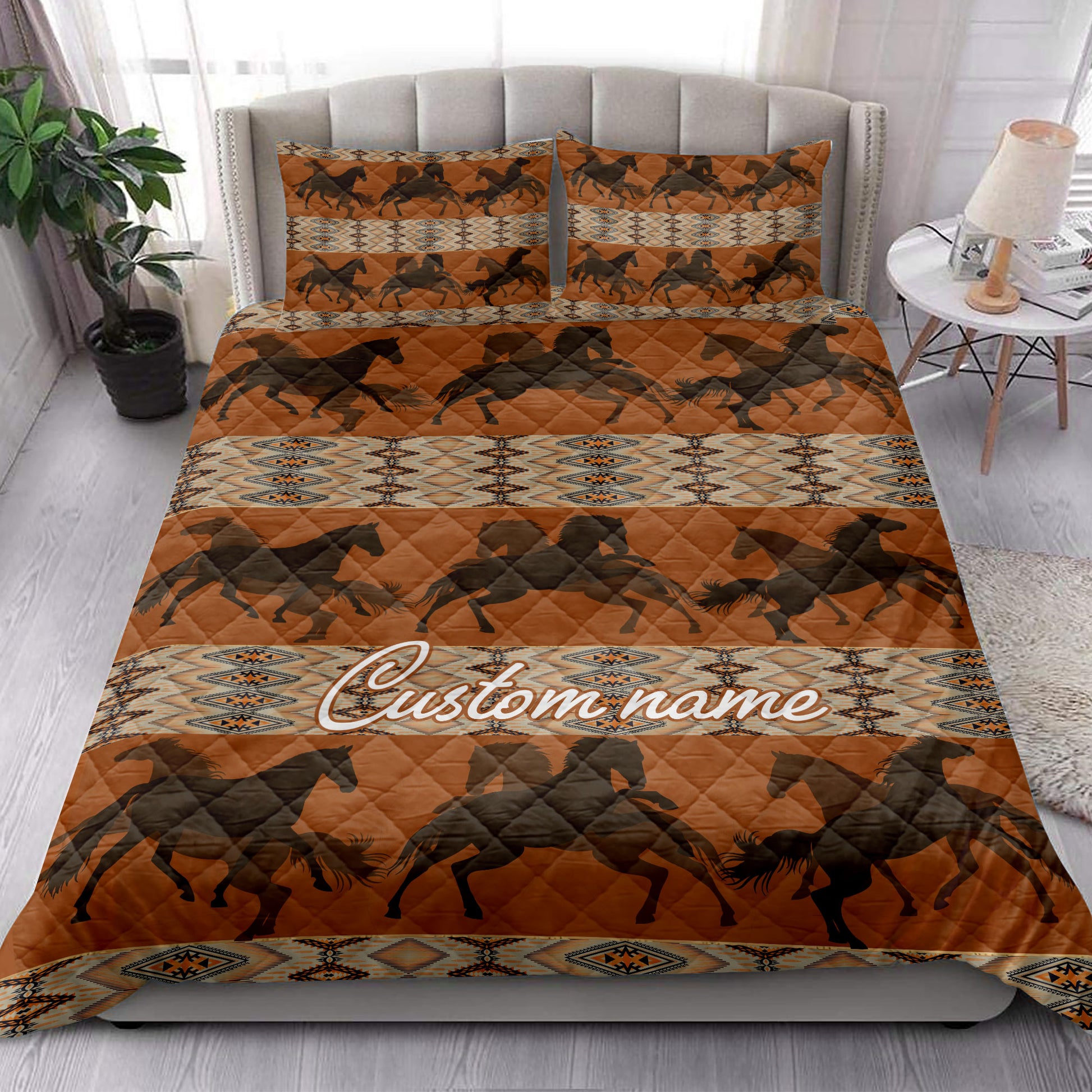 Ohaprints-Quilt-Bed-Set-Pillowcase-Native-Pattern-Horse-Farm-Farmhouse-Brown-Custom-Personalized-Name-Blanket-Bedspread-Bedding-3876-King (90'' x 100'')