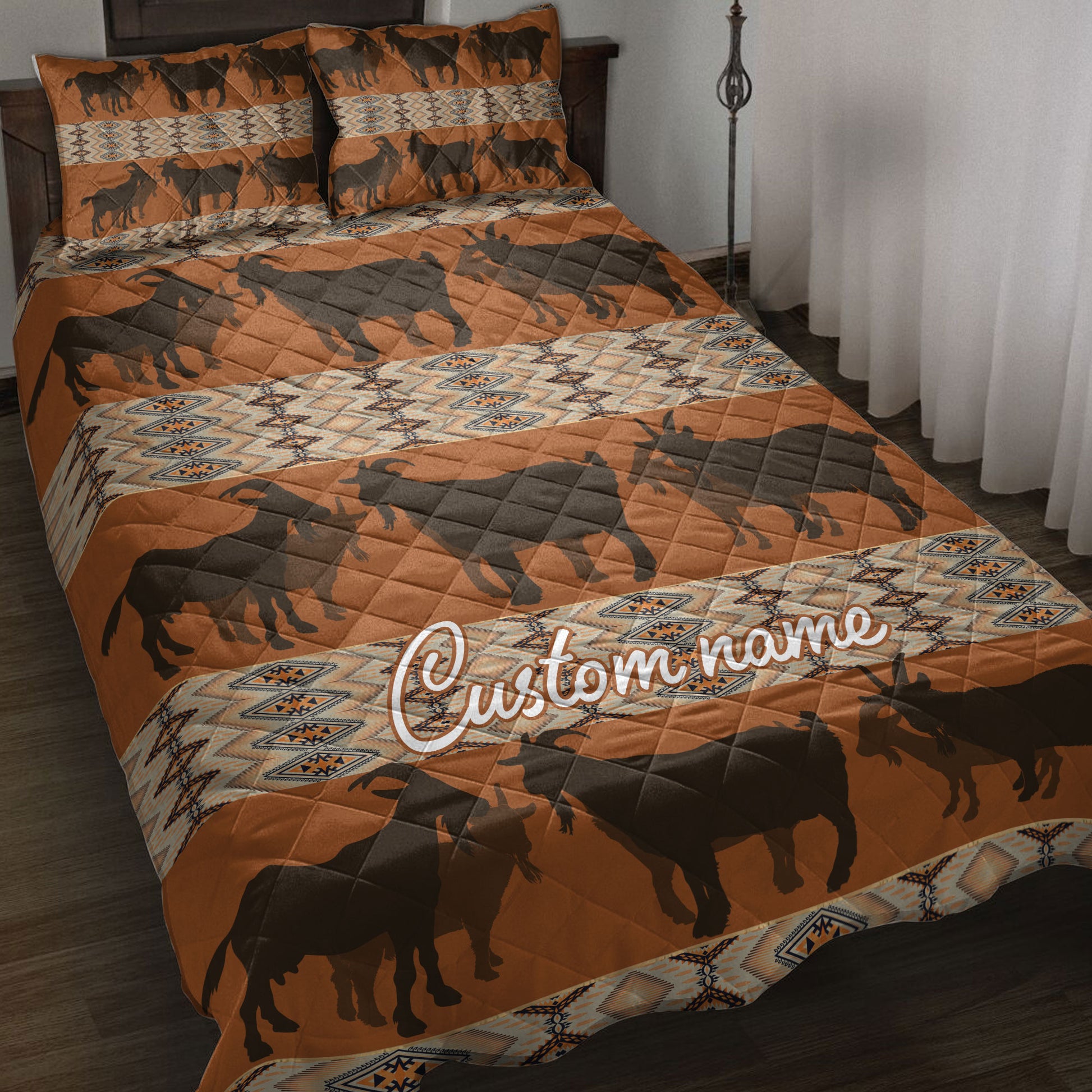 Ohaprints-Quilt-Bed-Set-Pillowcase-Native-Aztec-Goat-Farm-Farmhouse-Brown-Custom-Personalized-Name-Blanket-Bedspread-Bedding-3877-Throw (55'' x 60'')