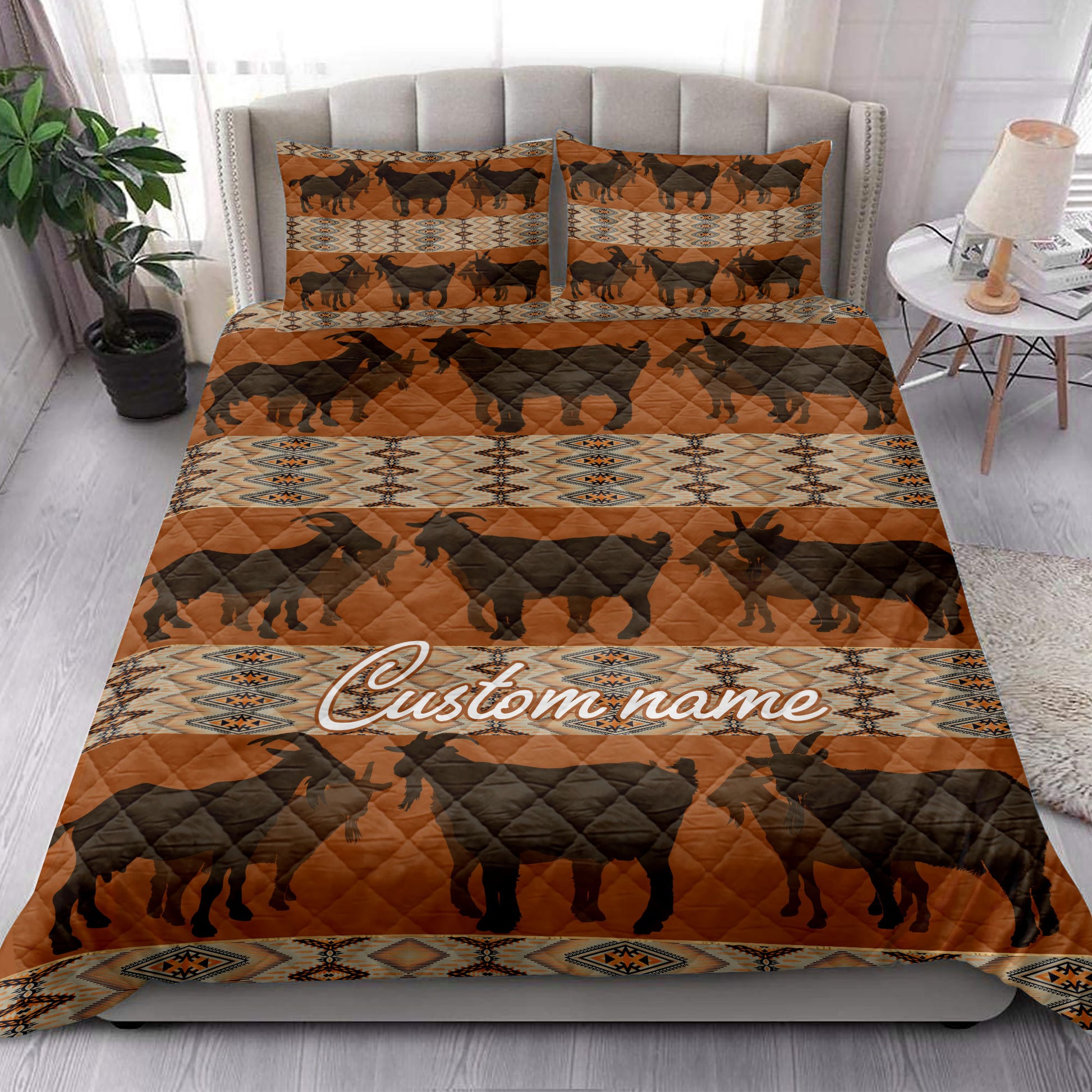 Ohaprints-Quilt-Bed-Set-Pillowcase-Native-Aztec-Goat-Farm-Farmhouse-Brown-Custom-Personalized-Name-Blanket-Bedspread-Bedding-3877-King (90'' x 100'')