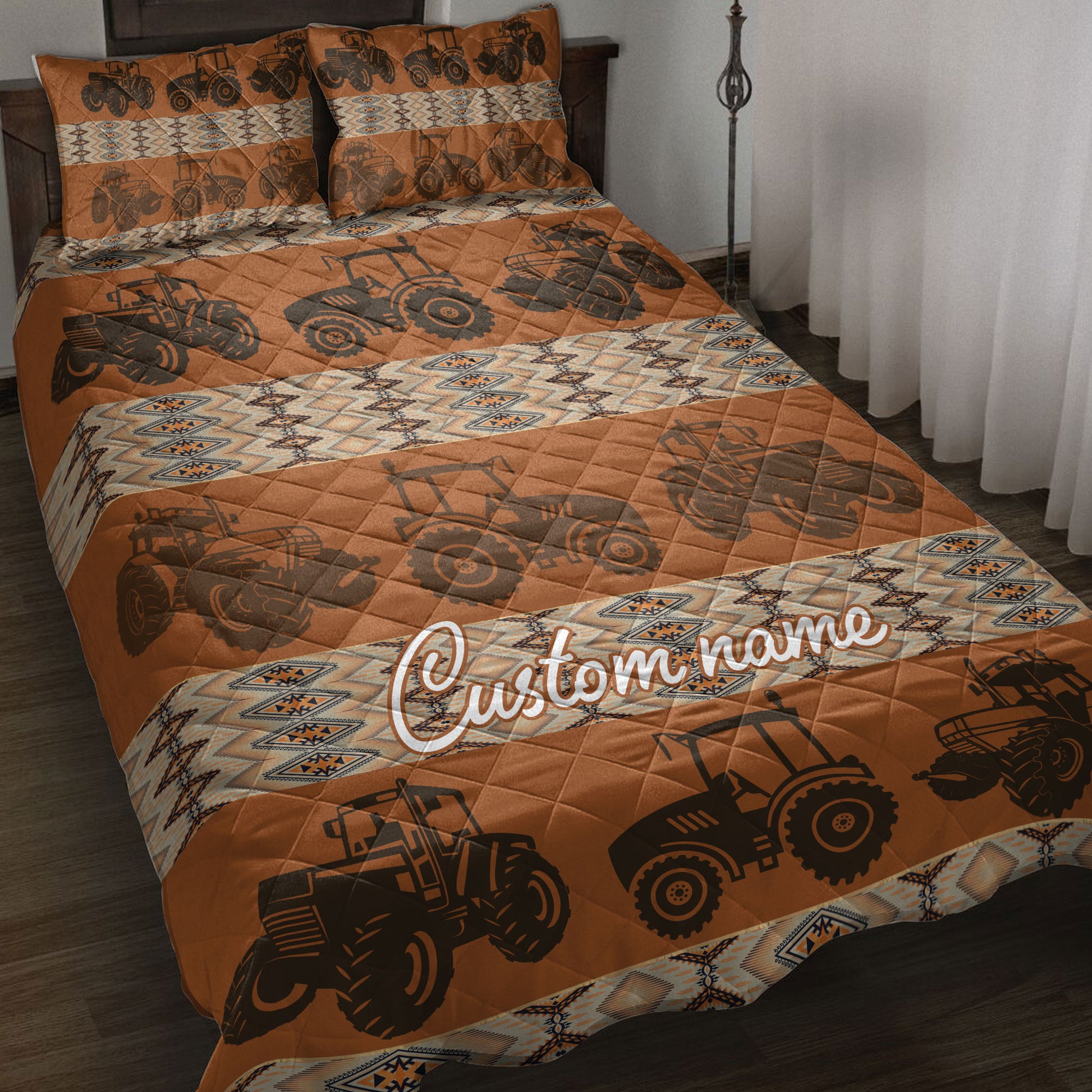 Ohaprints-Quilt-Bed-Set-Pillowcase-Native-Farm-Tractor-Vintage-Farmhouse-Brown-Custom-Personalized-Name-Blanket-Bedspread-Bedding-3878-Throw (55'' x 60'')