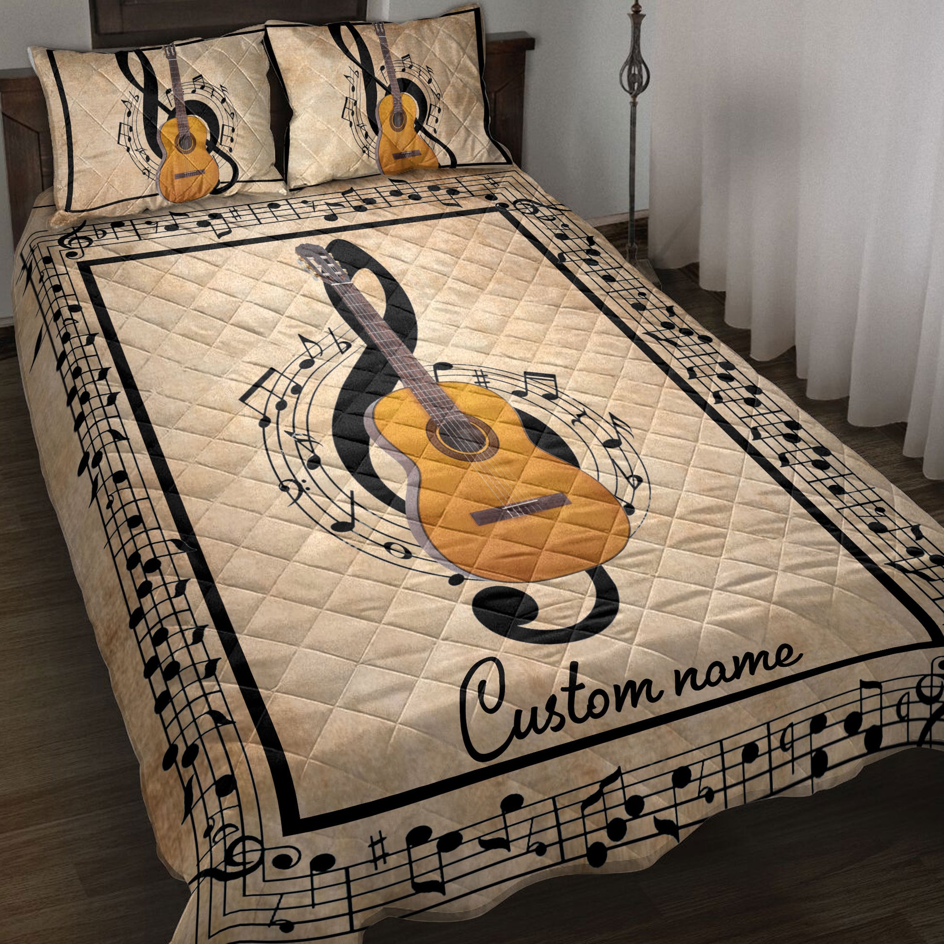 Ohaprints-Quilt-Bed-Set-Pillowcase-Acoustic-Guitar-Guitaris-Music-Treble-Clef-Custom-Personalized-Name-Blanket-Bedspread-Bedding-3879-Throw (55'' x 60'')