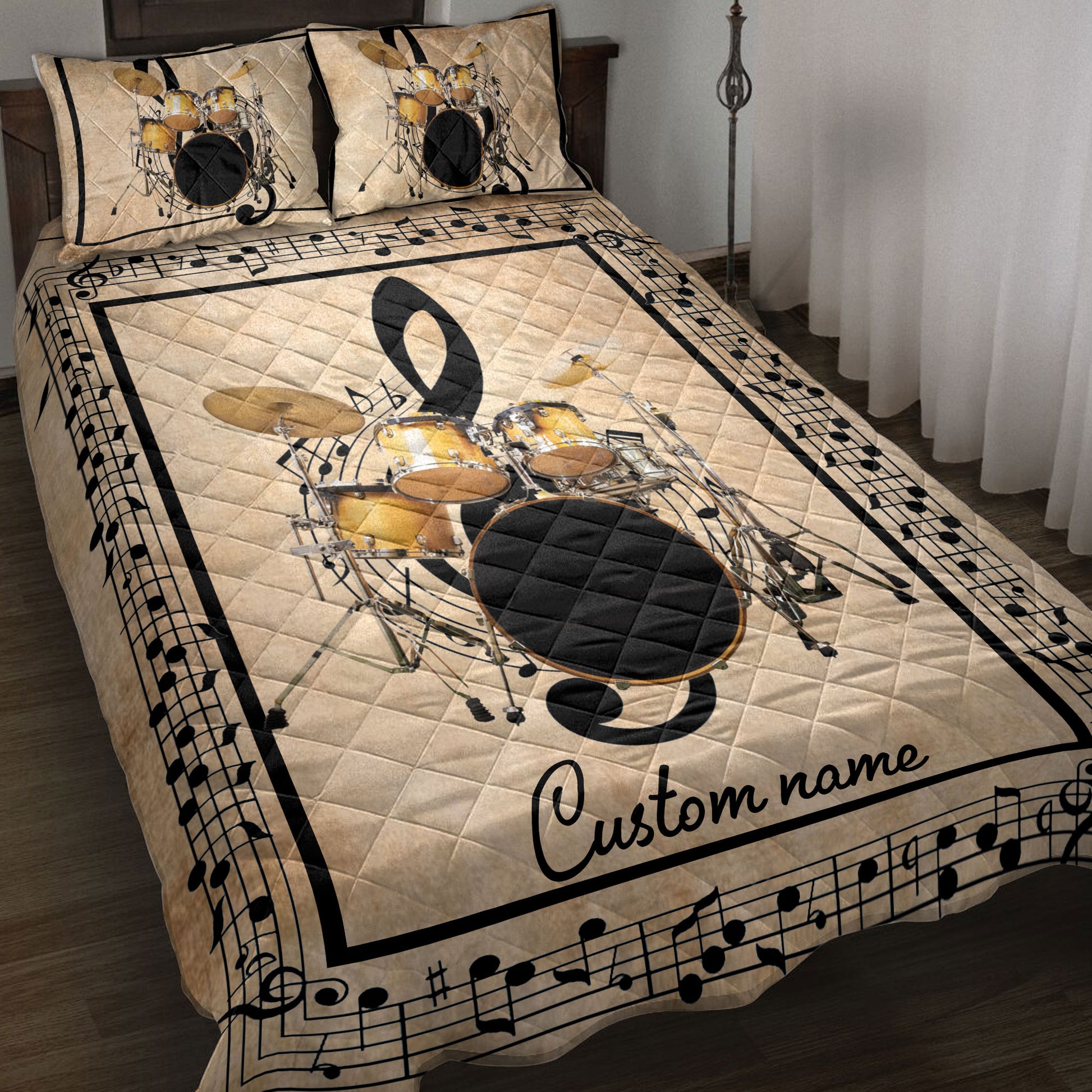 Ohaprints-Quilt-Bed-Set-Pillowcase-Drum-Set-Drummer-Music-Treble-Clef-Vintage-Custom-Personalized-Name-Blanket-Bedspread-Bedding-3880-Throw (55'' x 60'')