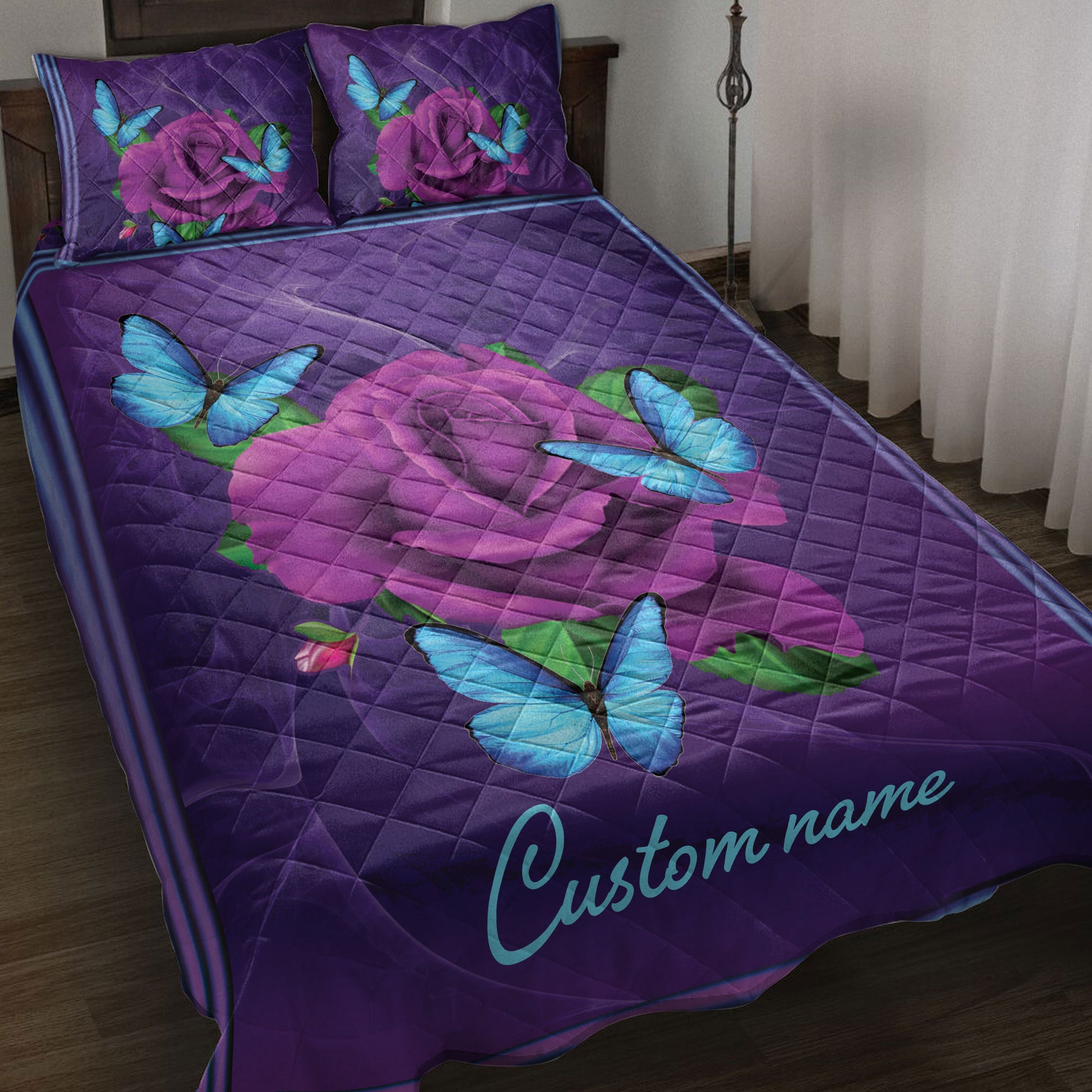 Ohaprints-Quilt-Bed-Set-Pillowcase-Purple-Rose-Blue-Butterfly-Violet-Gift-Custom-Personalized-Name-Blanket-Bedspread-Bedding-3882-Throw (55'' x 60'')