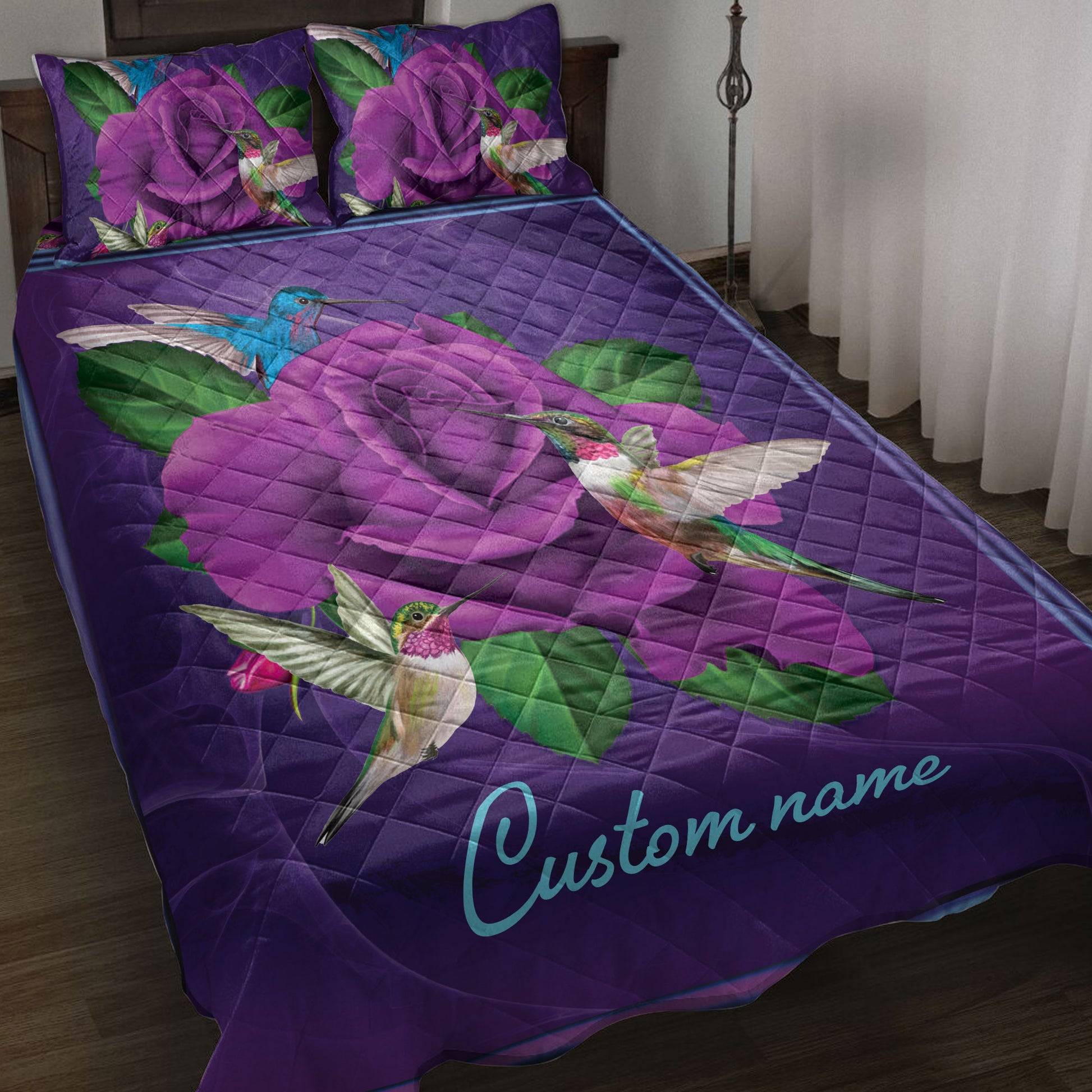 Ohaprints-Quilt-Bed-Set-Pillowcase-Purple-Rose-Hummingbird-Bird-Violet-Gift-Custom-Personalized-Name-Blanket-Bedspread-Bedding-3891-Throw (55'' x 60'')